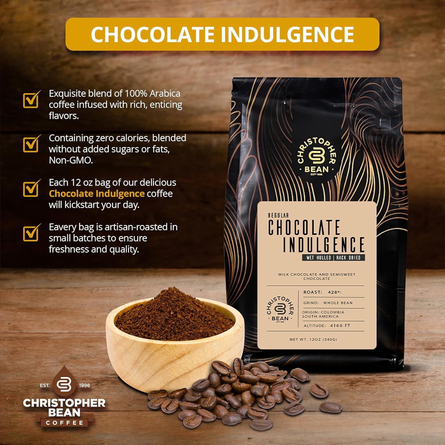 Café con sabor a chocolate Indulgence (grano entero normal) 100% arábica, sin azúcar, sin grasas, hecho con sabores sin OMG, bolsa de 12 onzas de