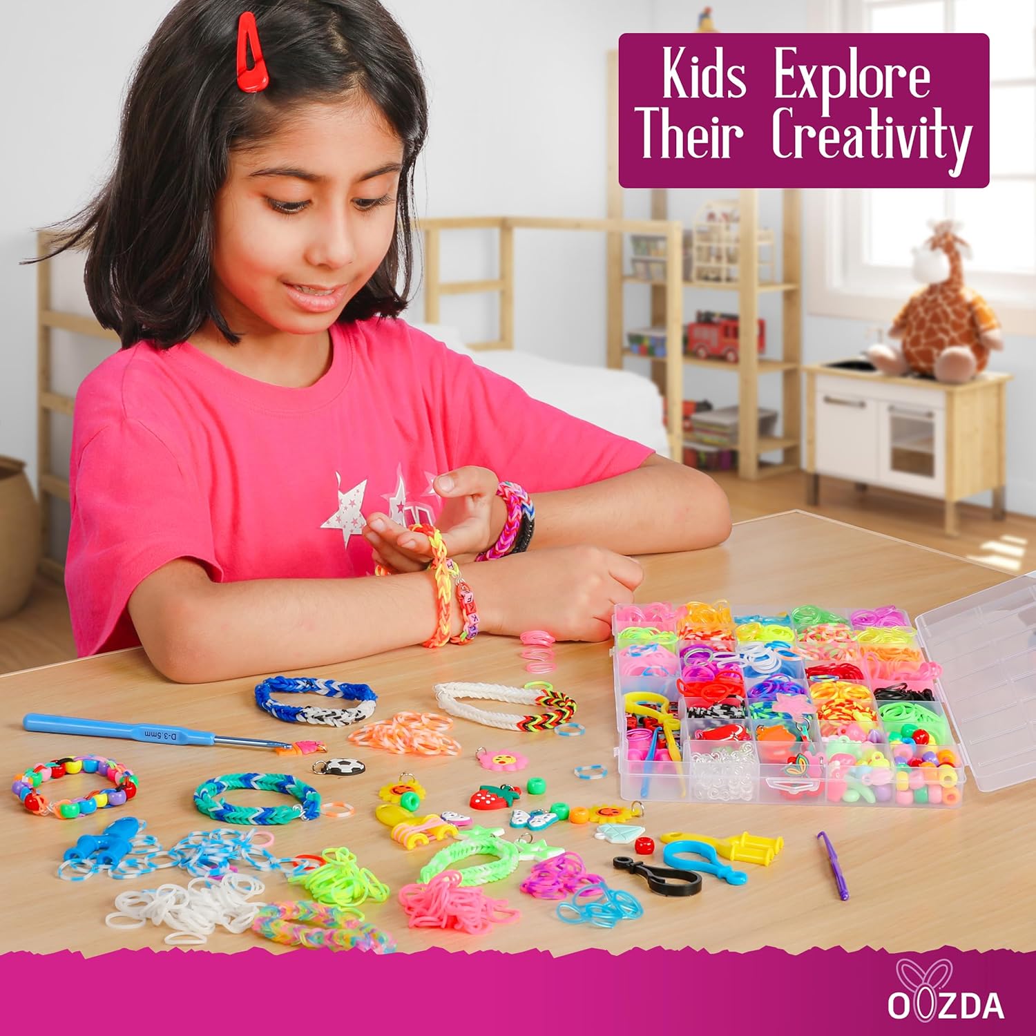 OOZDA Kit de pulsera de banda de goma con un gancho de ganchillo de metal, kit de fabricación de pulseras de telar de 28 colores para niños, kit de
