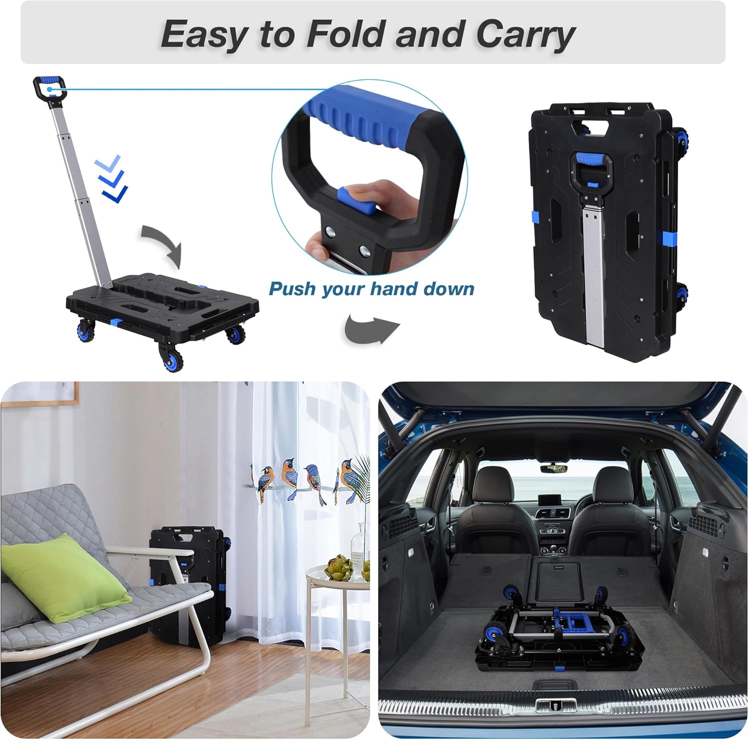 TRY & DO Carro de mano de plataforma  300 libras de capacidad resistente portátil de mano carrito de mano Dolly  Carro de mano plegable para carga y