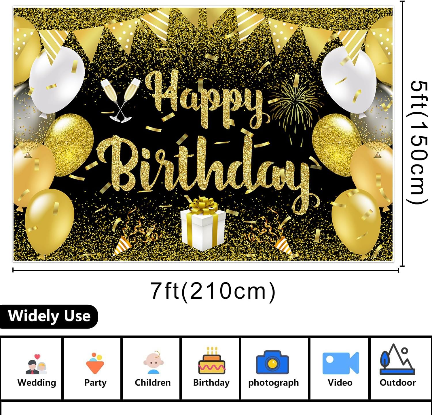 Juego de mantel de fondo de feliz cumpleaños negro y dorado con texto en inglés “Happy Birthday”, decoración de regalo, 7 x 5 pies y mantel de