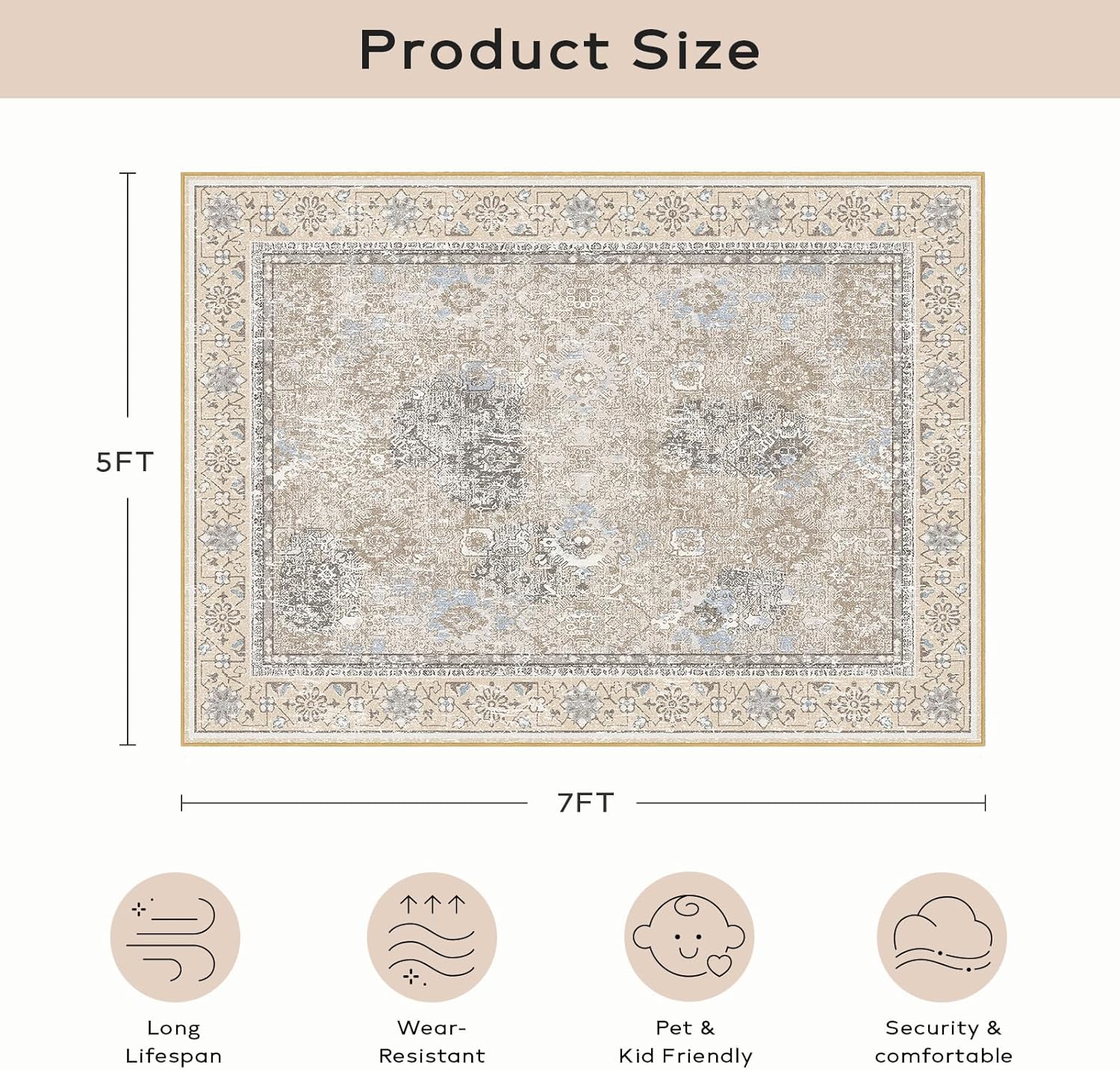 Ashler – Alfombra bohemia de 5 x 7, alfombras vintage, de gran tamaño, para sala de estar, dormitorio, cocina, cena, beigenaturalcafé claro,