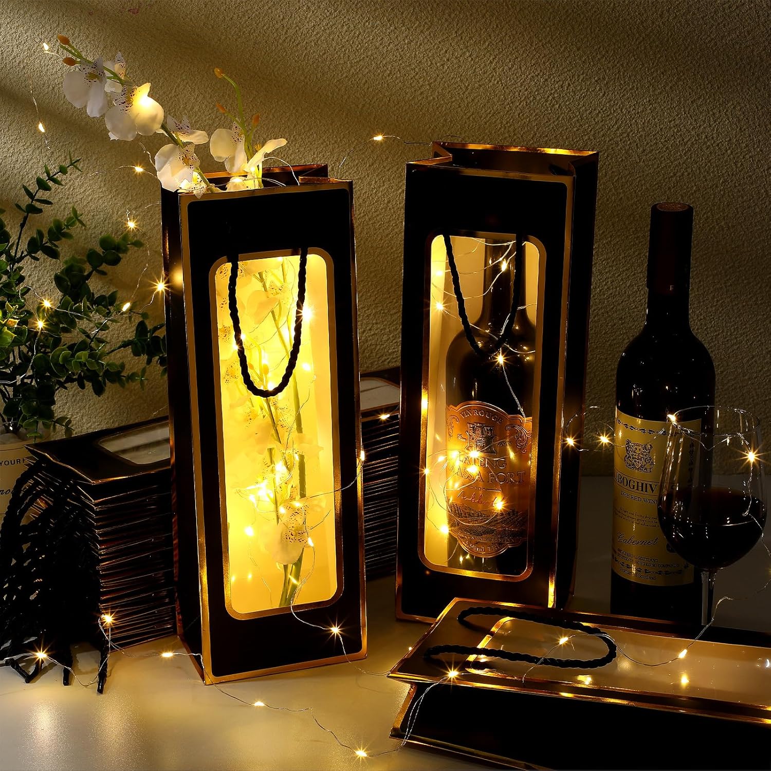 50 bolsas de regalo de vino para botellas de vino de 4.92 x 3.35 x 14.2 pulgadas, reutilizables, transparentes, con asas, para bodas, cumpleaños