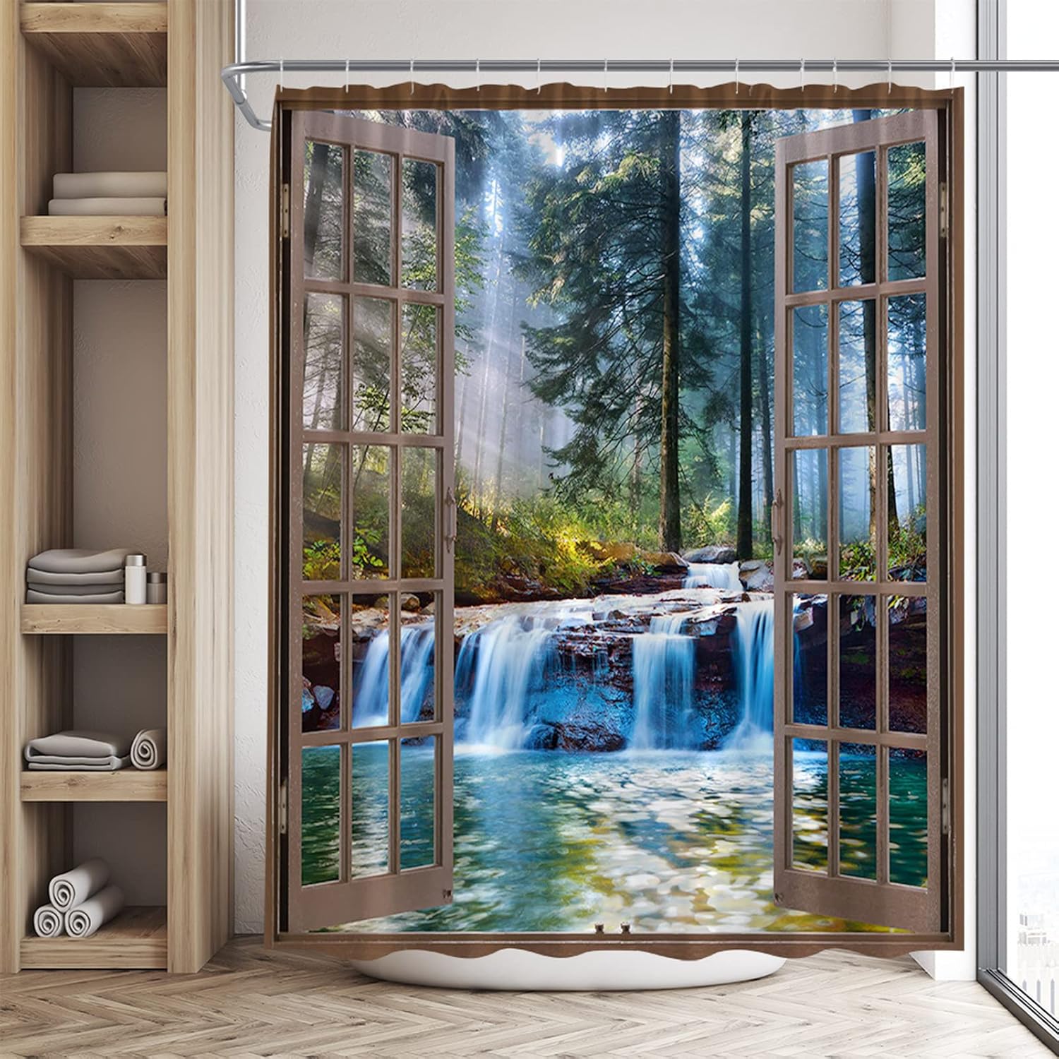Cortina de ducha de cascada, bosque verde, bosque tropical, selva, río, paisaje, primavera, naturaleza, escénico, temporada, tela para el hogar,