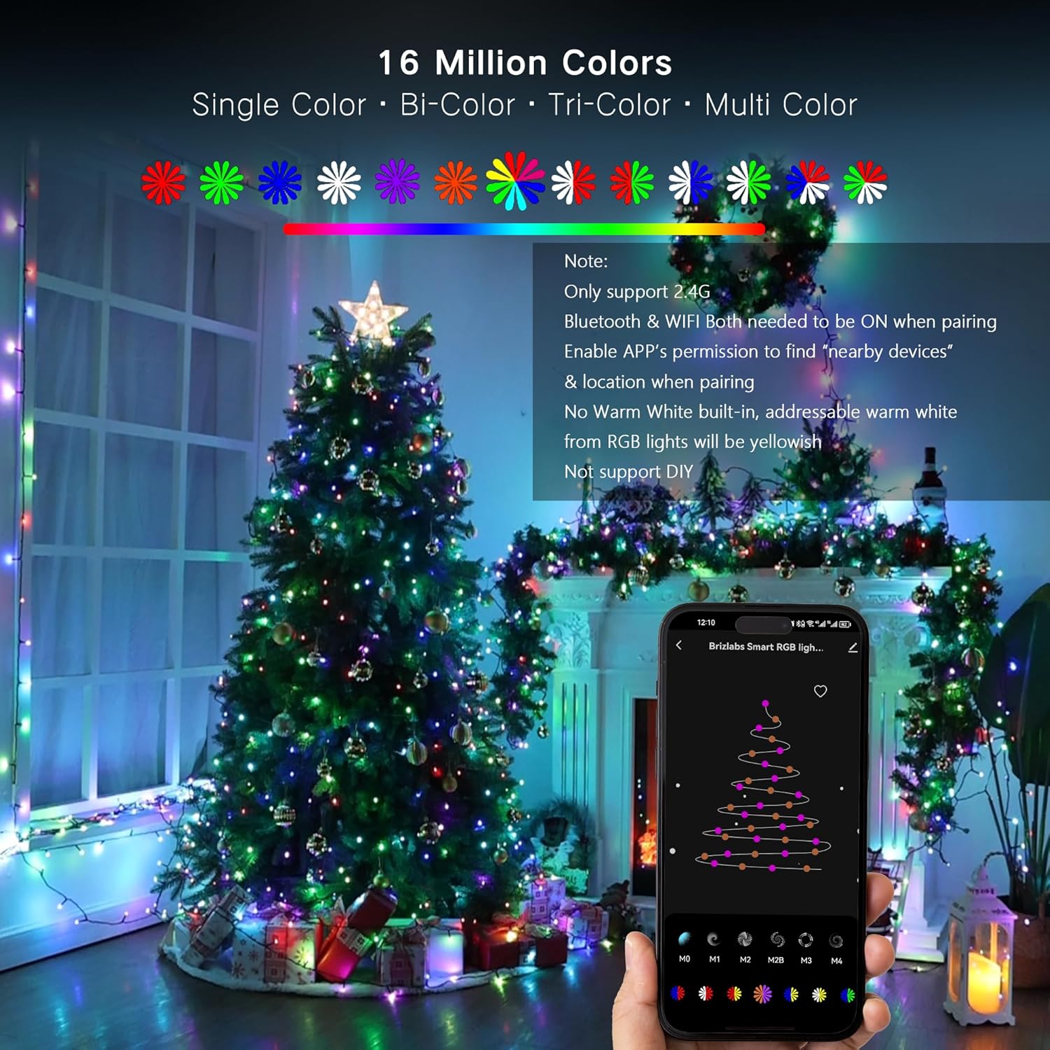 Brizled Luces de Navidad RGB, 164 pies, 498 luces LED inteligentes controladas por aplicación, luces de Navidad que cambian de color regulables,