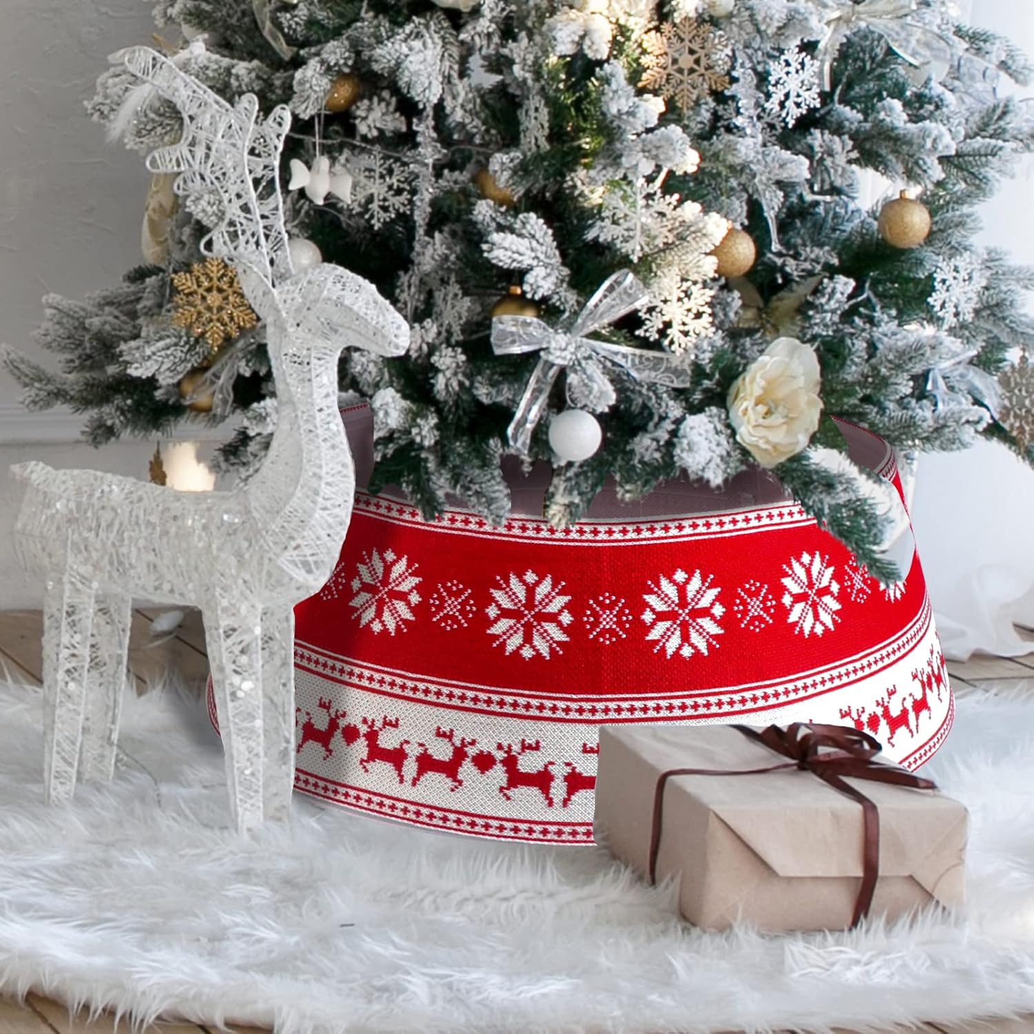 BIGTREE Collar de árbol de Navidad, anillo de árbol de Navidad de 30 pulgadas con alce de punto o a cuadros, base de árbol de Navidad para