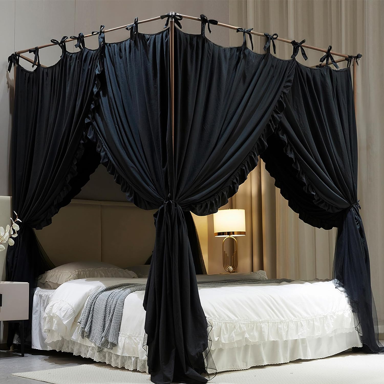 Cortina de princesa de 4 esquinas, toldo de cama de doble capa, acogedora mosquitera de malla y tela para niñas y adultos, decoración de dormitorio