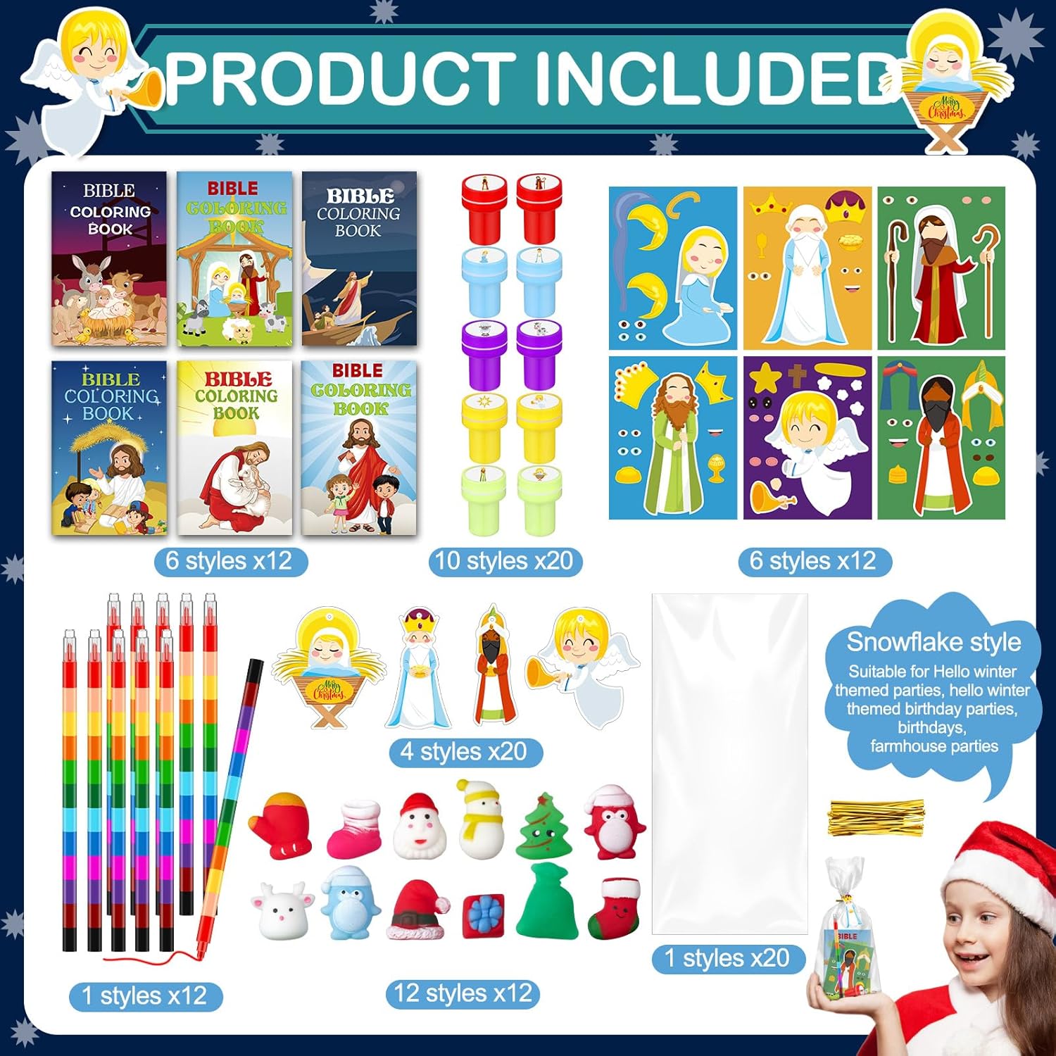 108 Pcs Christmas Party Favors Bible Coloring Book with Stacking Crayons for Kids Squishes Christmas Toys DIY Sticker Stampers Goodie Bag Fillers