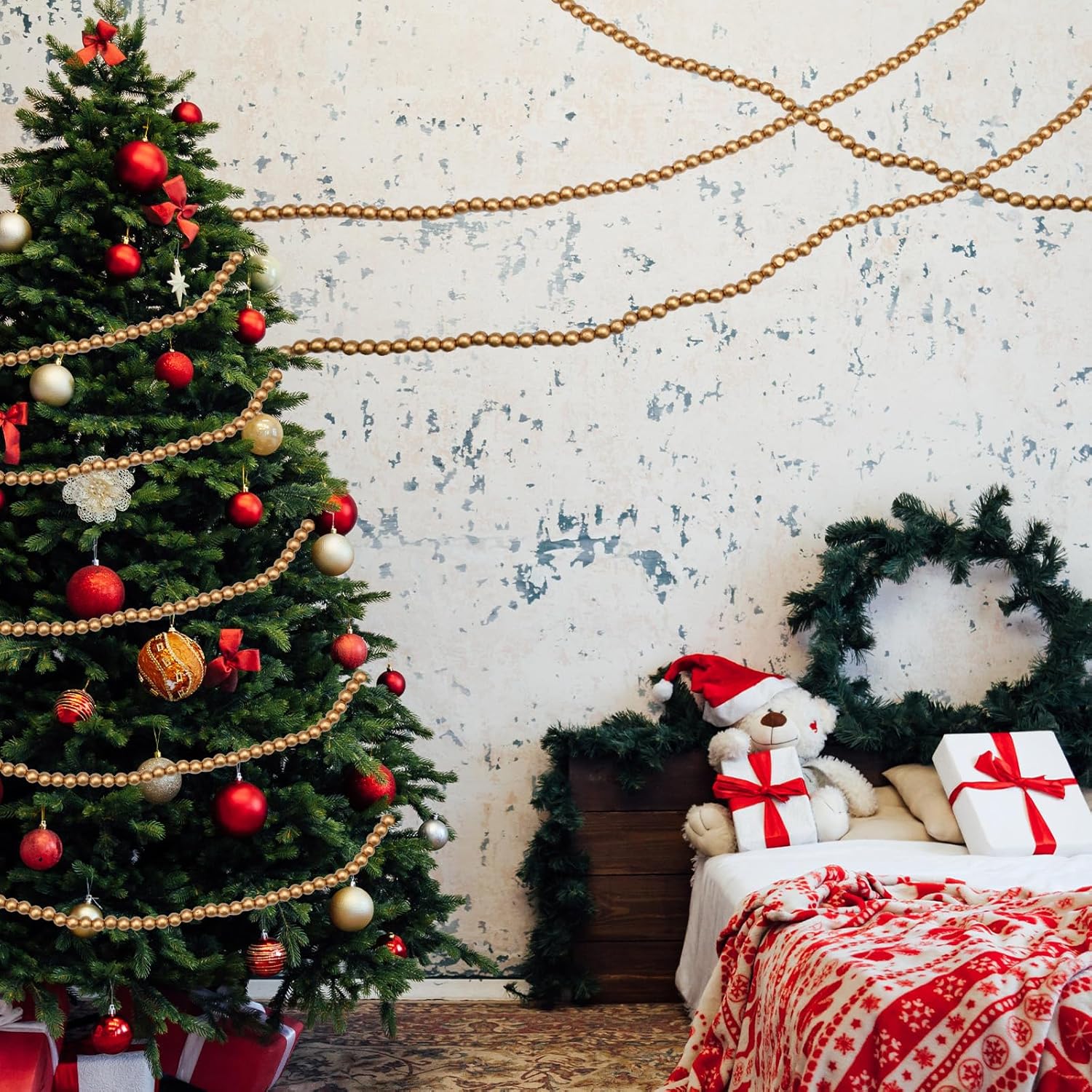 Frienda Guirnalda de cuentas de madera de Navidad de 100 pies, decoración de árbol de Navidad con cuentas de madera, cuentas decorativas de granja,