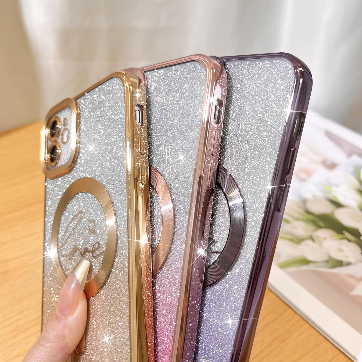 Fiyart Funda compatible con iPhone 12, compatible con MagSafe Love con protección de cámara, transparente, purpurina magnética para mujeres y niñas,