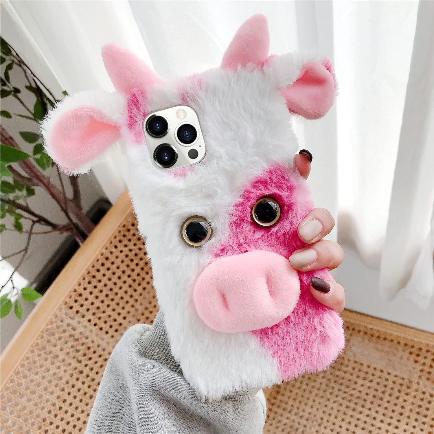 LUVI Funda 3D linda para iPhone 13 Pro, funda de felpa peluda para mujeres, funda de protección femenina de piel de vaca de dibujos animados