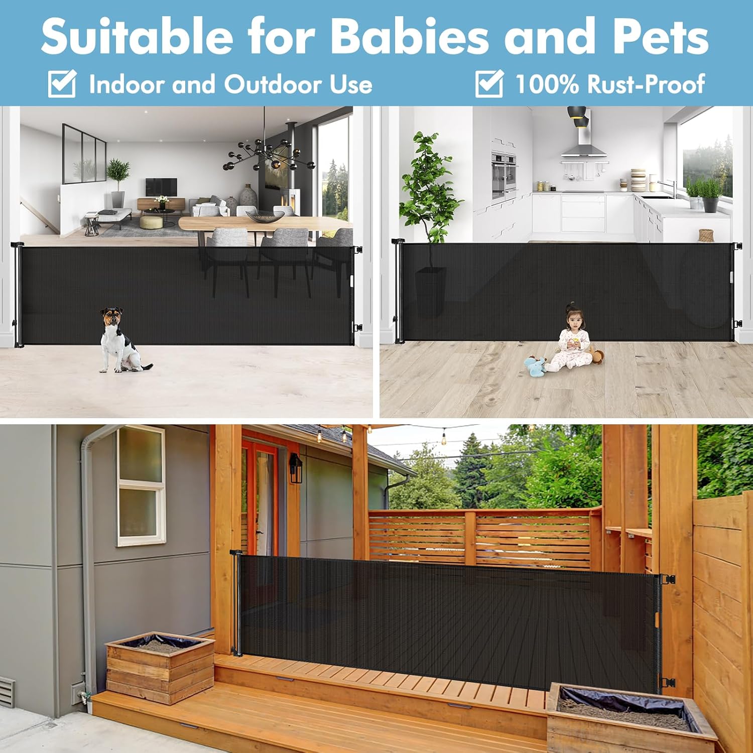 Puerta retráctil extra ancha para bebés de 75 pulgadas para aberturas amplias, puerta para niños para interiores y exteriores, puerta retráctil