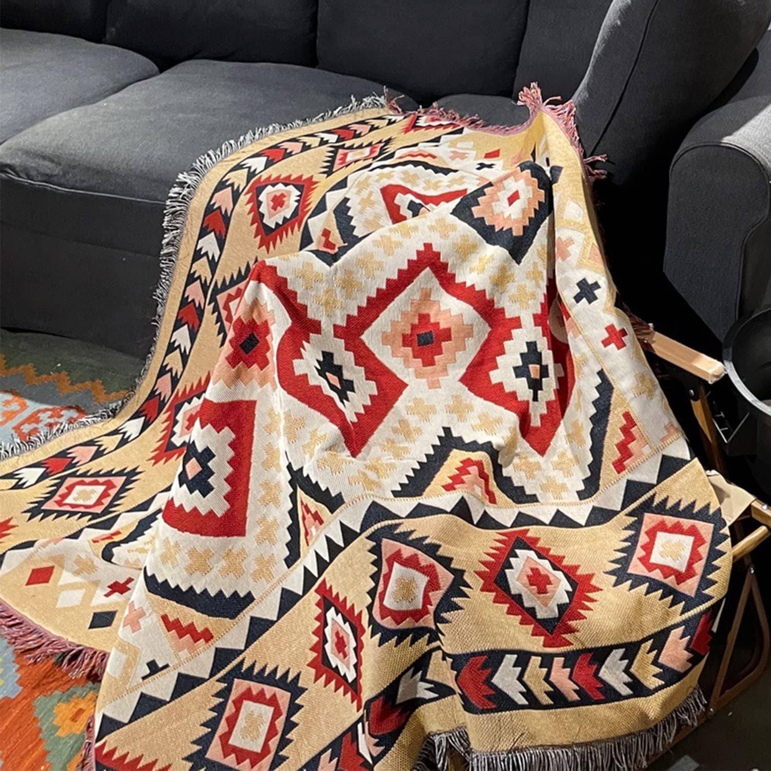 CCHYF Manta azteca del suroeste, manta nativa americana, reversible, decoración bohemia con borlas, manta mexicana para sofá, cama, sala de estar,