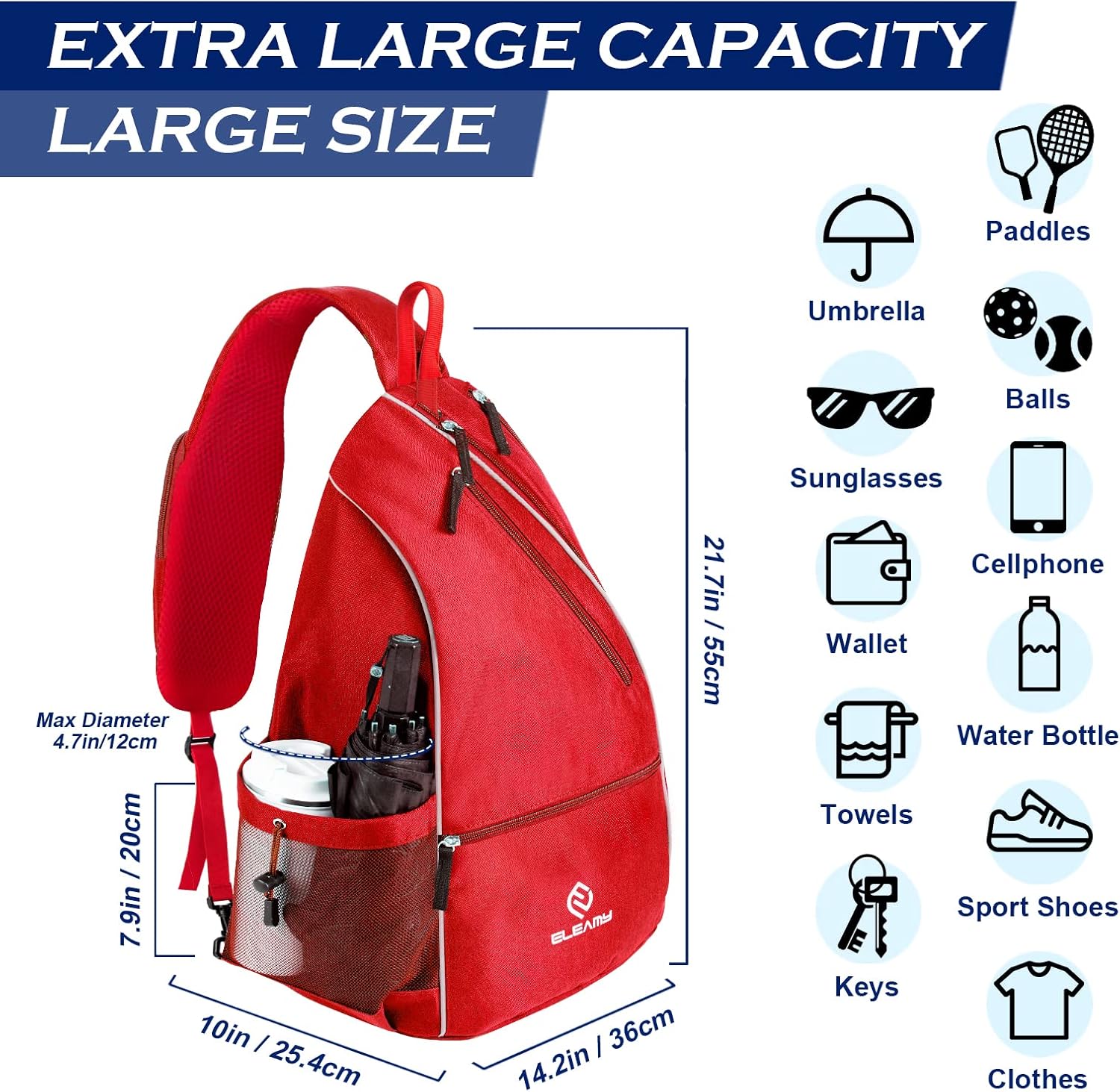 ELEAMY Bolsa de pickleball para mujeres y hombres, gran capacidad con botella de agua grande y bolsillo para teléfono, bolsa de pickleball Sling