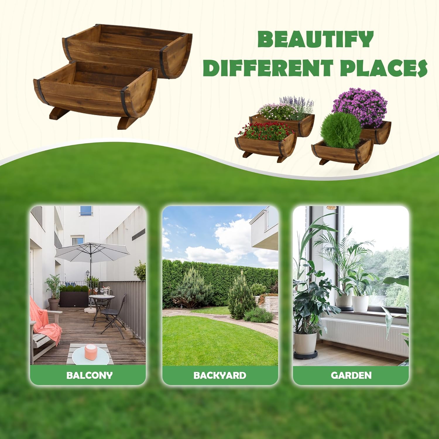 Macetas de madera de acacia maciza de medio barril para exteriores, juego de 2 tamaños diferentes, macetas de madera para plantas al aire libre con