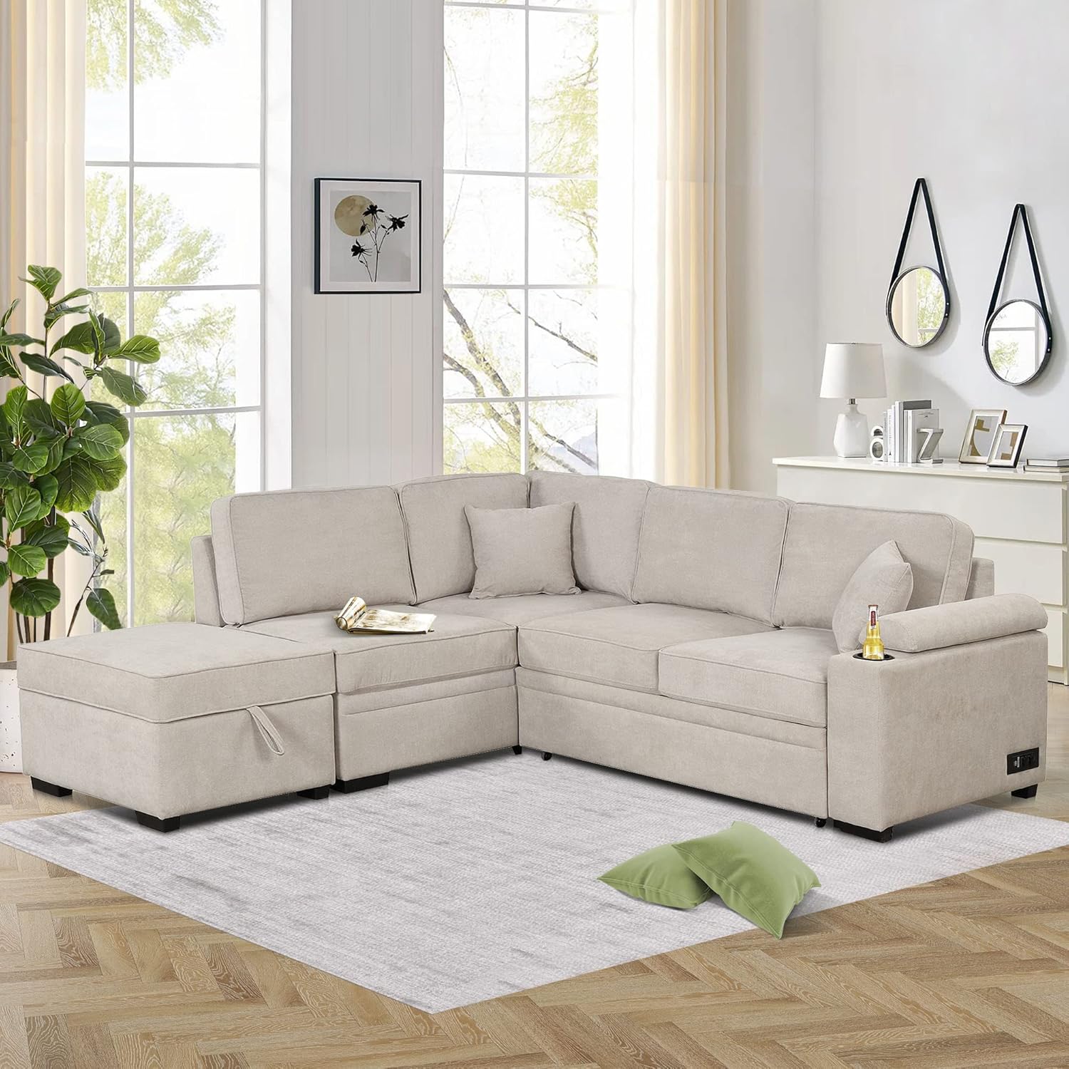 Sofá cama modular con cama extraíble y diván, sofá convertible 2 en 1 en forma de L con otomana de almacenamiento, carga USB y soporte para tazas,