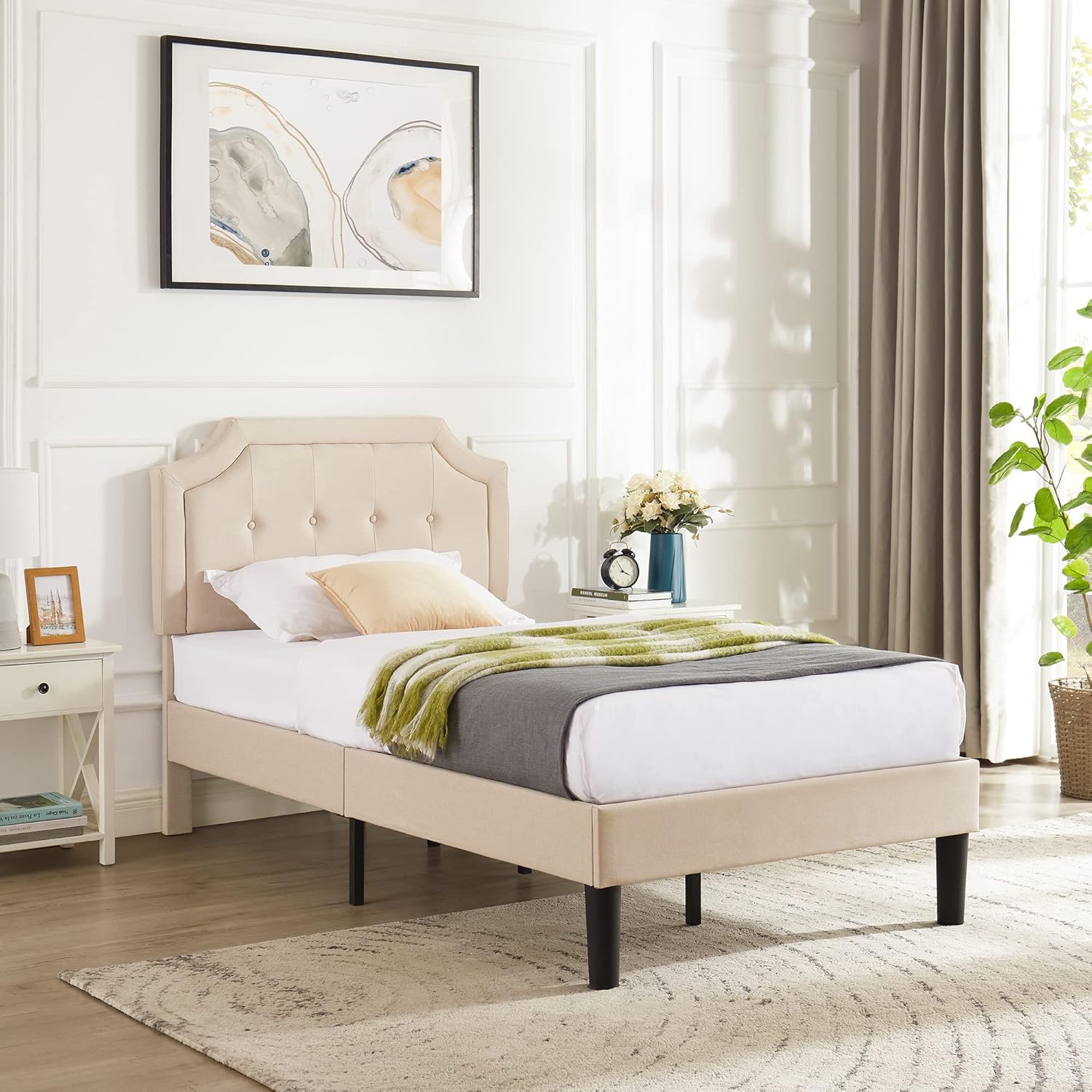 VECELO Base de cama de plataforma tapizada individual con cabecera de panel cosida con botón ajustable, soporte de listones de madera fuerte, diseño