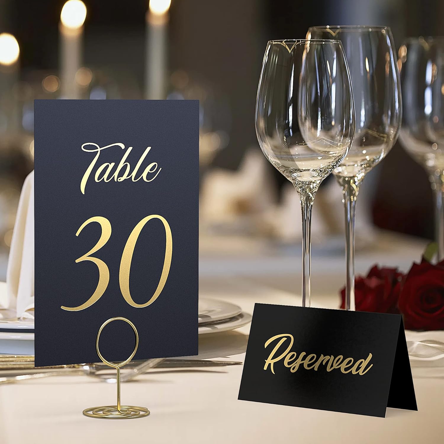 Números de mesa negros y dorados del 1 al 30 para recepción de boda, tarjetas de 4 x 6 con cabeza de lámina dorada y mesa de regalo, elegantes