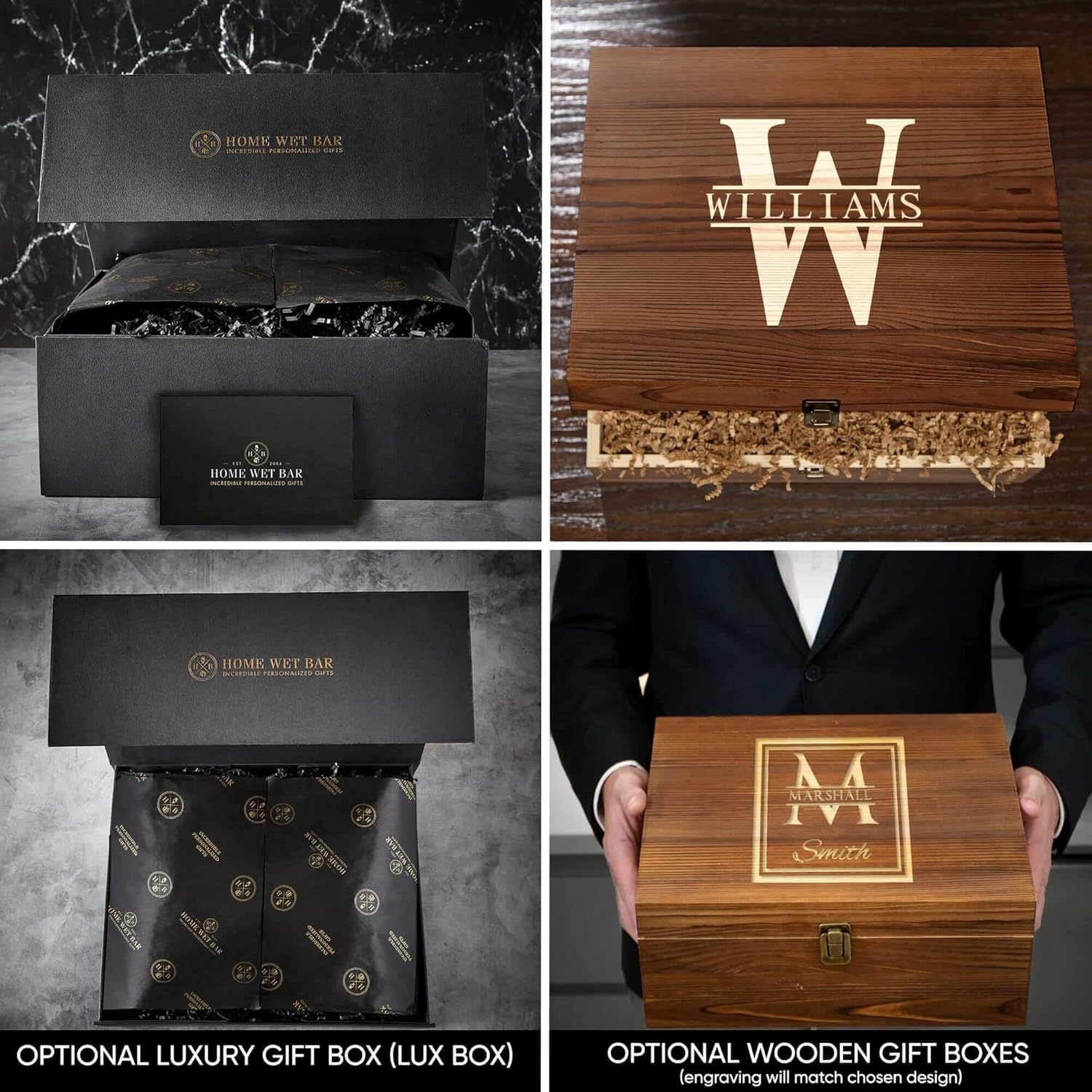 Juego de decantador de whisky personalizado con caja de madera manchada, juego de caja de regalo personalizado de bourbon y whisky escocés