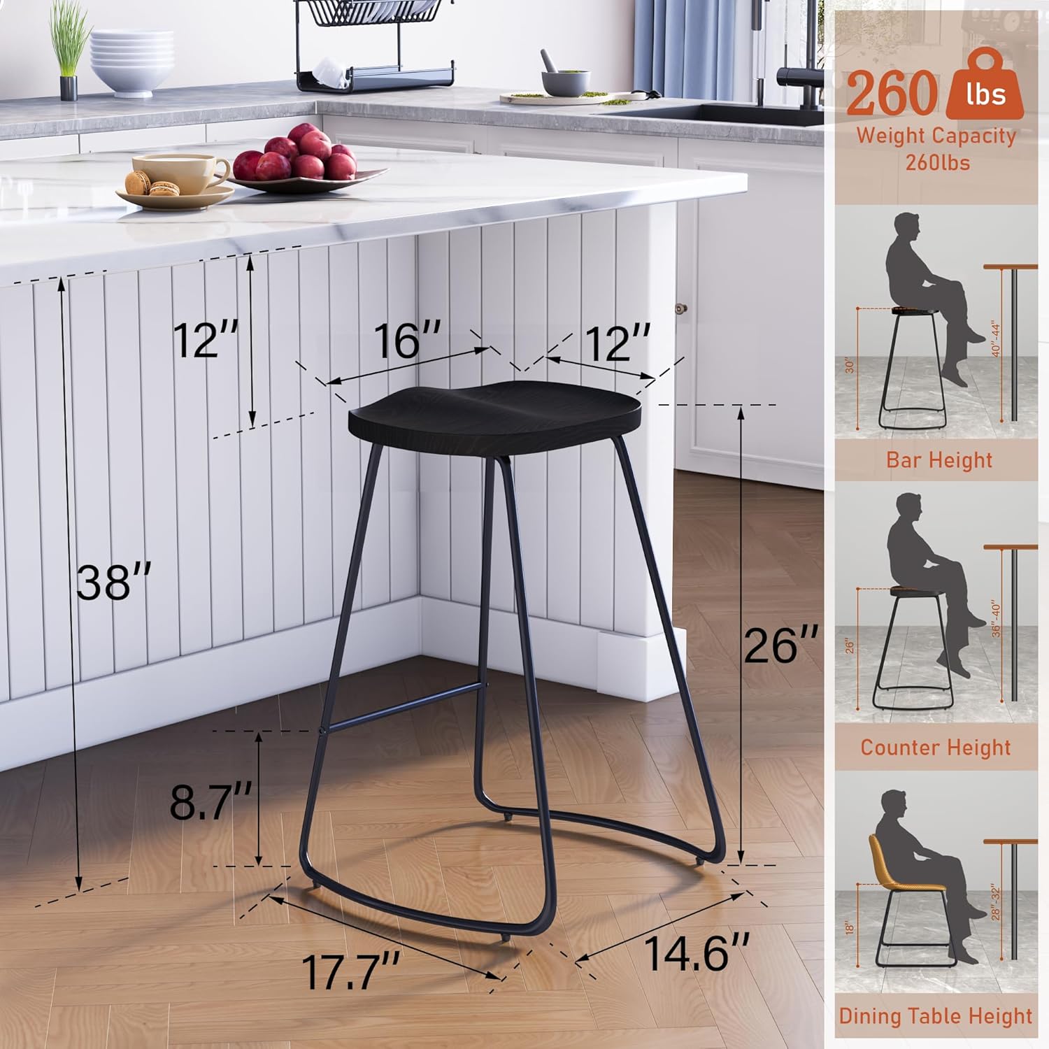 HeuGah Juego de 3 taburetes de bar, taburetes de bar con asiento de silla de montar, taburete de bar sin respaldo de 26 pulgadas para isla de