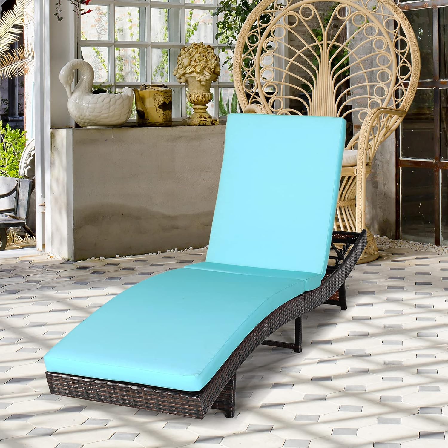 COSTWAY Silla plegable de ratán para patio, tumbona, ajustable, con cojín turquesa