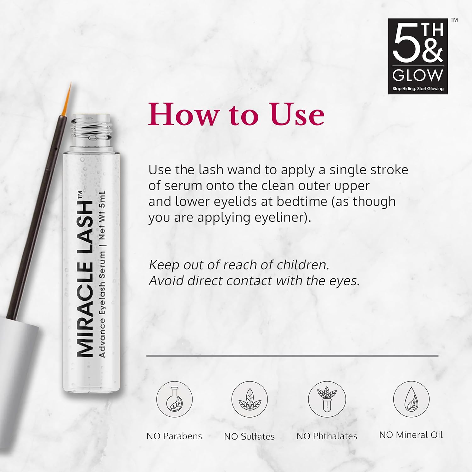 5th & Glow Miracle Lash Enhancing Serum, suero de pestañas para nutrir, hidratar y proteger las pestañas, promueve el crecimiento de pestañas
