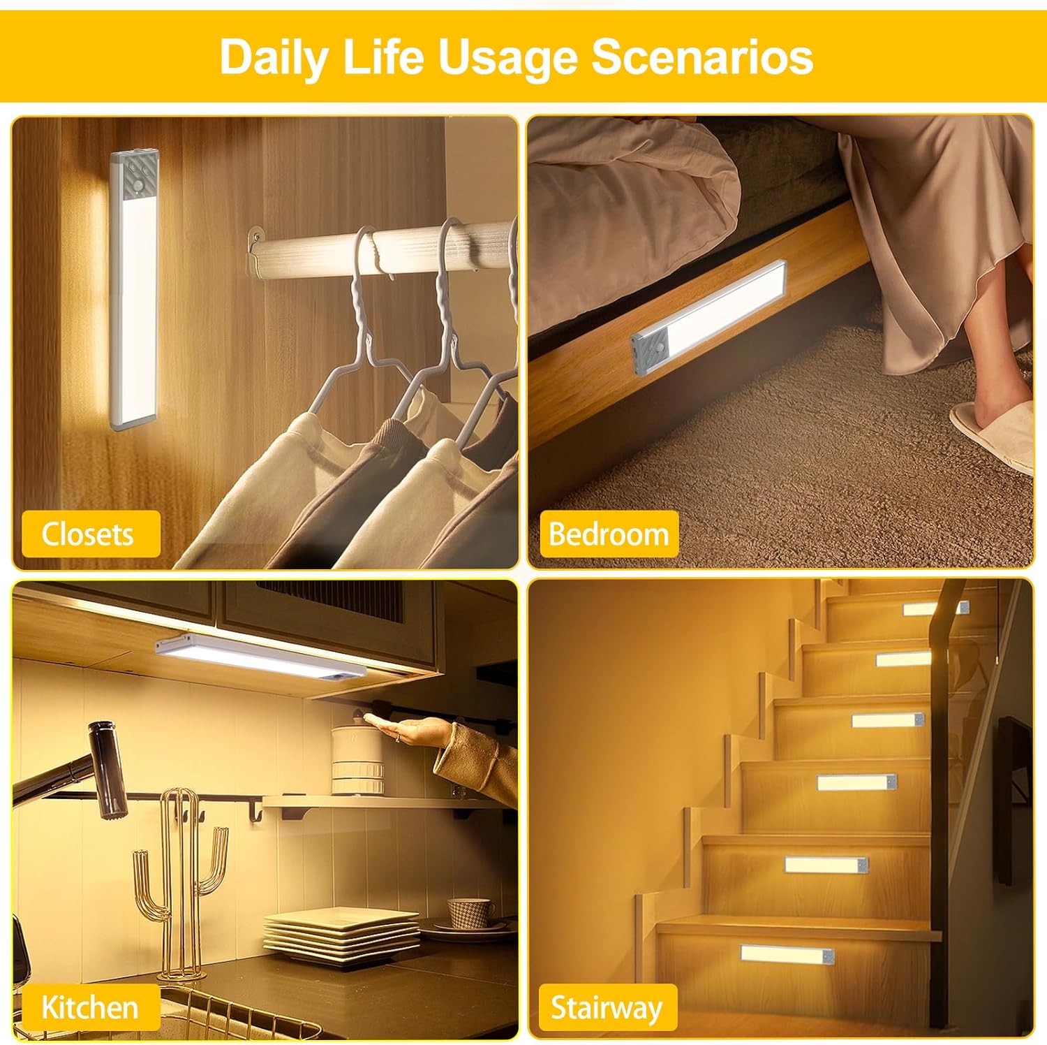 CosyPic Luces para debajo del gabinete, 40 luces LED para debajo del gabinete, 3 colores y brillo, luz inalámbrica con sensor de movimiento, luces