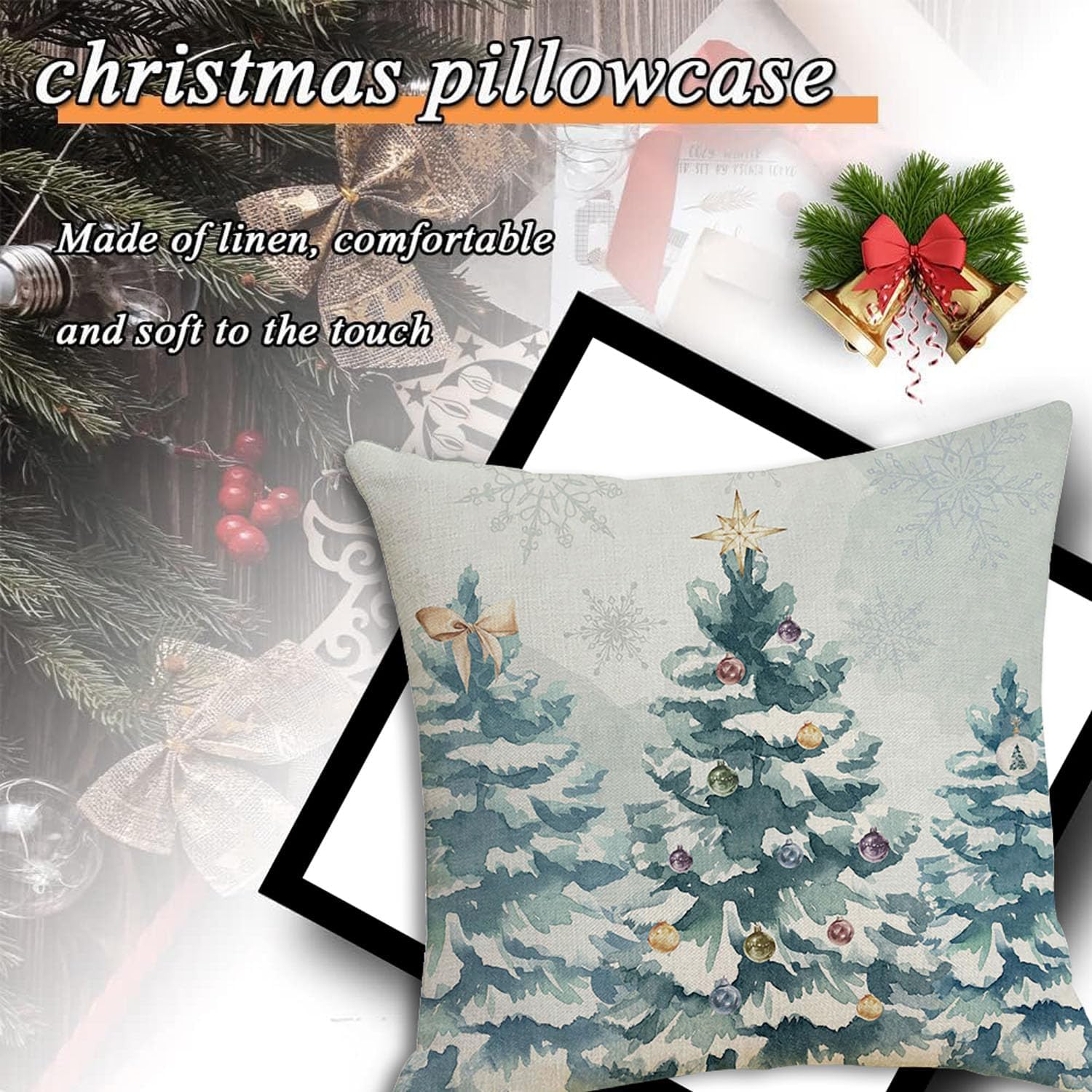 Juego de 4 fundas de almohada de Navidad de 18 x 18 pulgadas, decoración de Navidad, árbol de Navidad, renos, fundas de cojín de casa de campo para