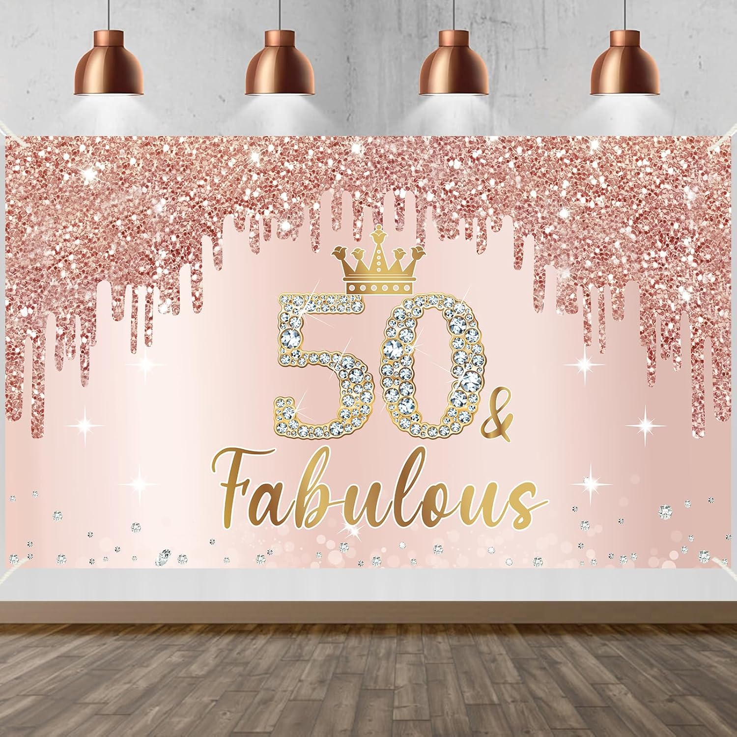 Cartel de 50 cumpleaños de oro rosa para mujer, decoración de fiesta de cumpleaños de 50 años para mujer, pancarta de oro rosa rosa con el número 50