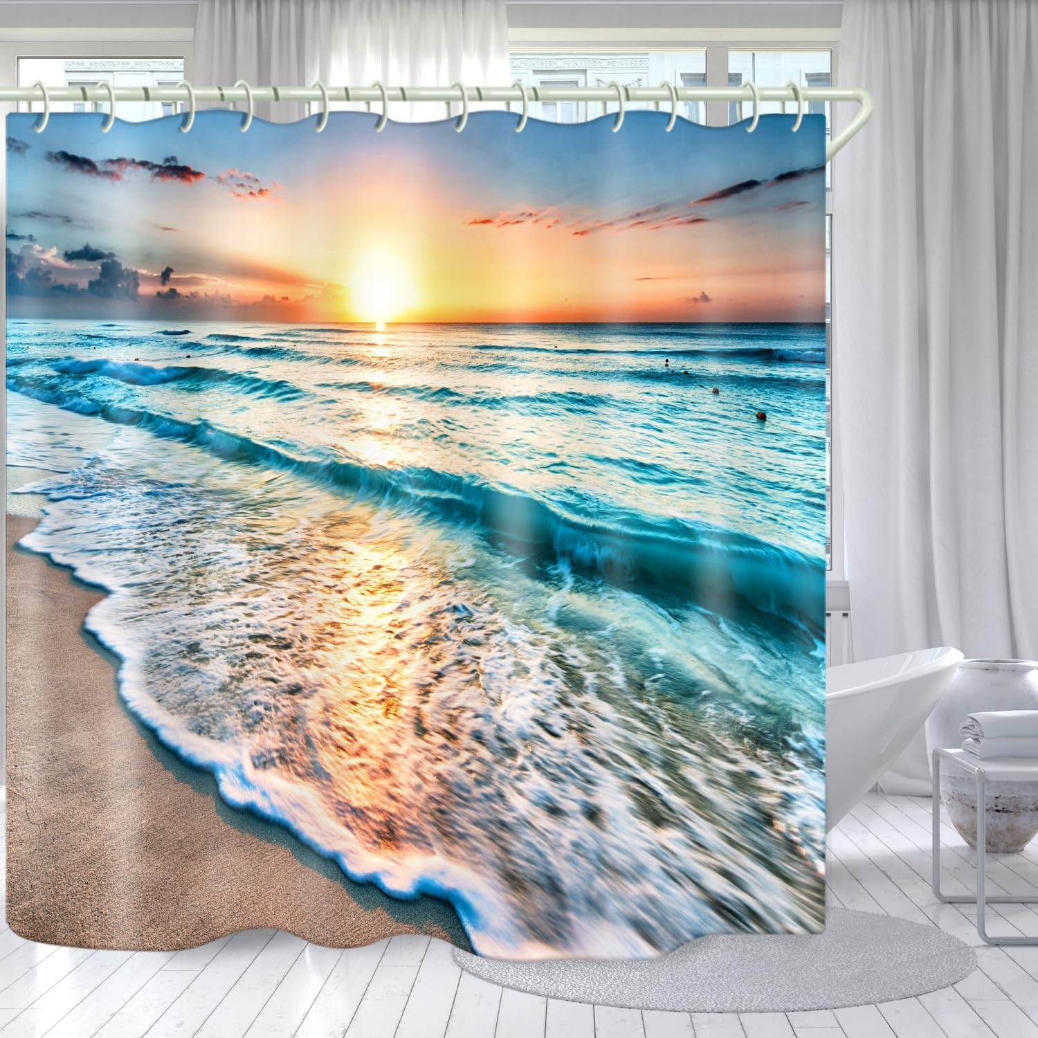 LYFANS El baño tiene una cortina de ducha de playa al atardecer y la bañera tiene una lujosa cortina de ducha estándar. Cortina de ducha de tela