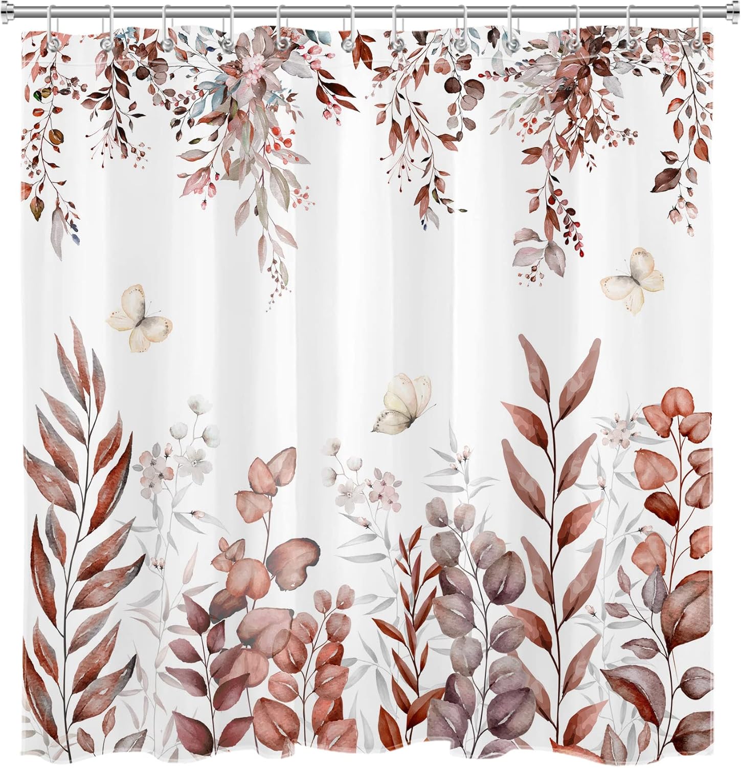 LB Fall Leaves Shower Curtain Watercolor Eucalyptus Leaf Butterfly Bathroom Shower Curtain Nature Autumn Plant Bathroom Curtain with Hook 72×72 Inch
