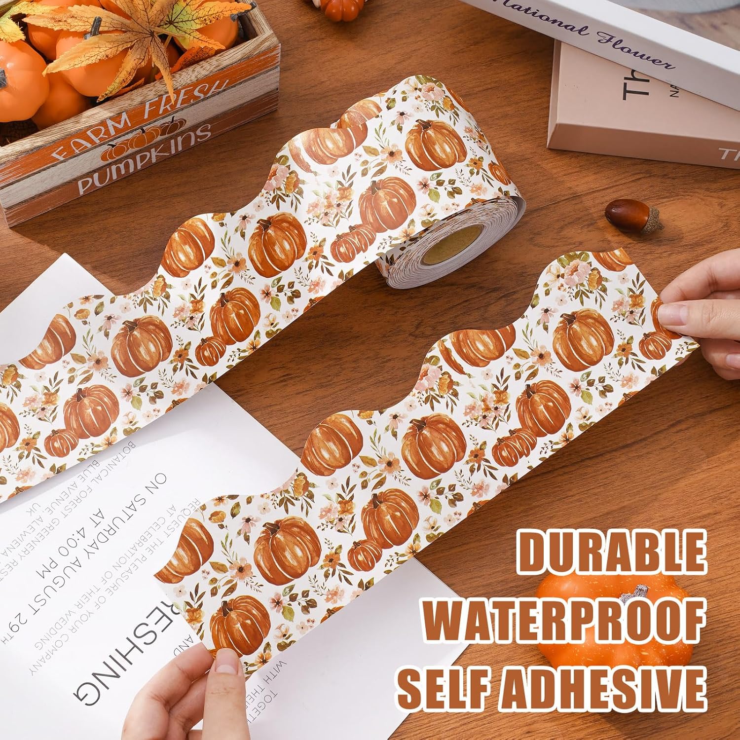 AnyDesign – Tablero de anuncios de calabaza floral bohemio de 65 pies, borde de acuarela para otoño, otoño, calabaza, borde troquelado para aula,