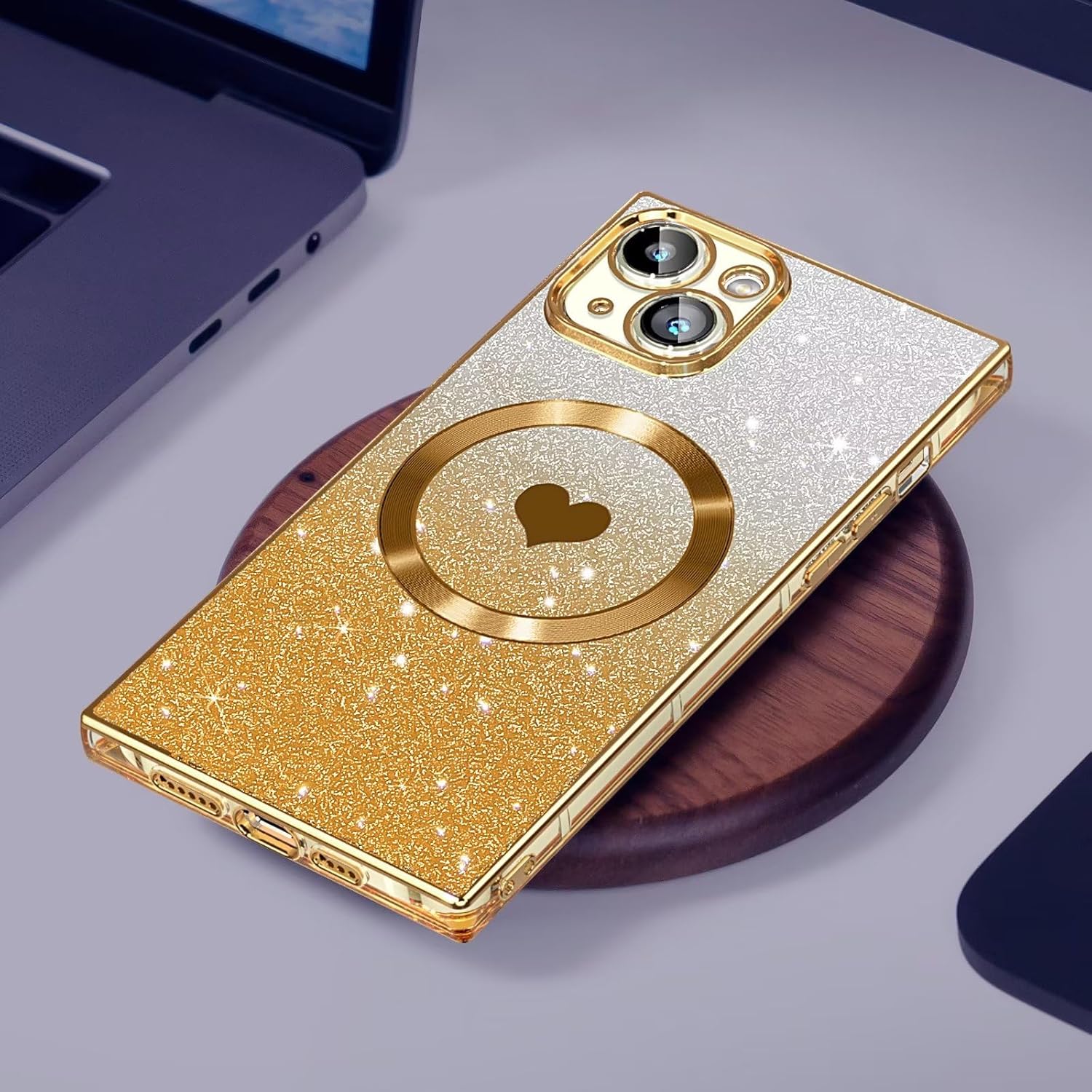 Funda magnética cuadrada para iPhone 15 Plus 2 en 1 compatible con MagSafe, protección completa de la lente, bonito patrón de corazón y cubierta