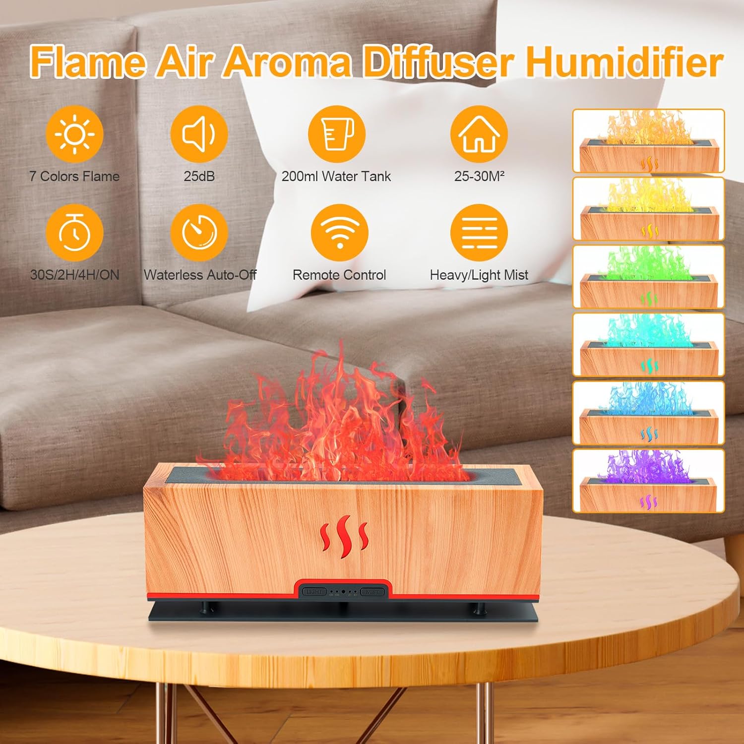 Difusores de aceite esencial de 7 colores mejorados, humidificador difusor de aroma de aire de llama, difusor ultrasónico de aromaterapia de 6.8 fl
