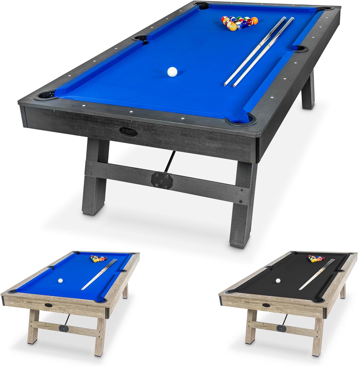 GoSports 8 ft Pool Table with Wood Finish – Modern Billiards Table with 2 Cue Sticks, Balls, Rack, Felt Brush and Chalk