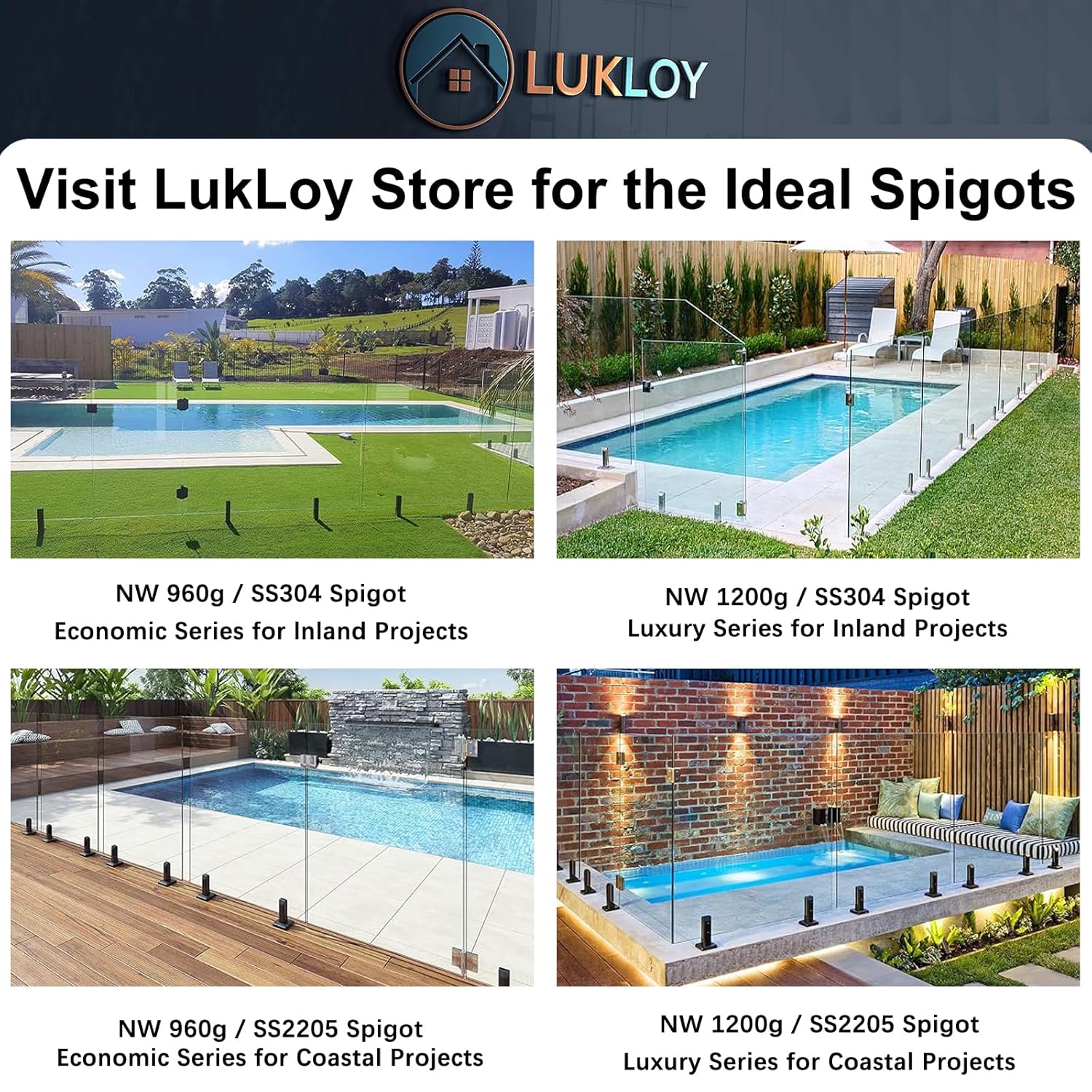 LukLoy SS2205 – Espiga de vidrio para valla de piscina de grado marino, soporte de abrazadera de barandilla de vidrio negro mate para barandilla de