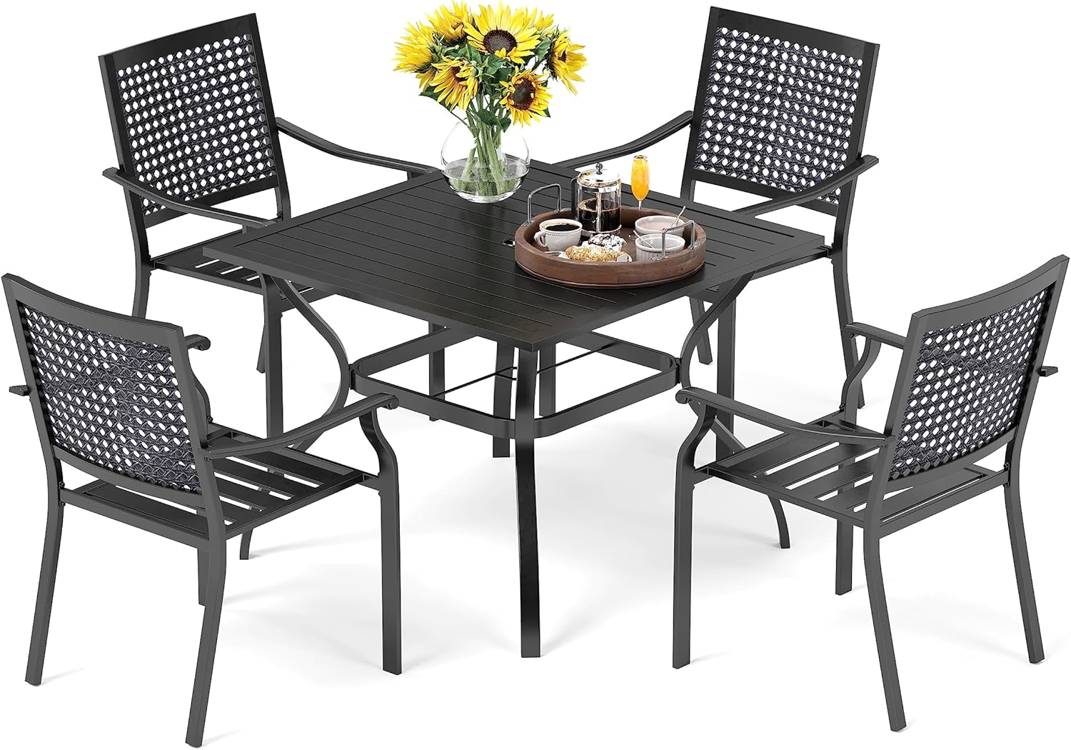 PHI VILLA Juego de 2 sillas de comedor resistentes de metal negro apilables para patio exterior, sillas de hierro forjado, juego de conversación,