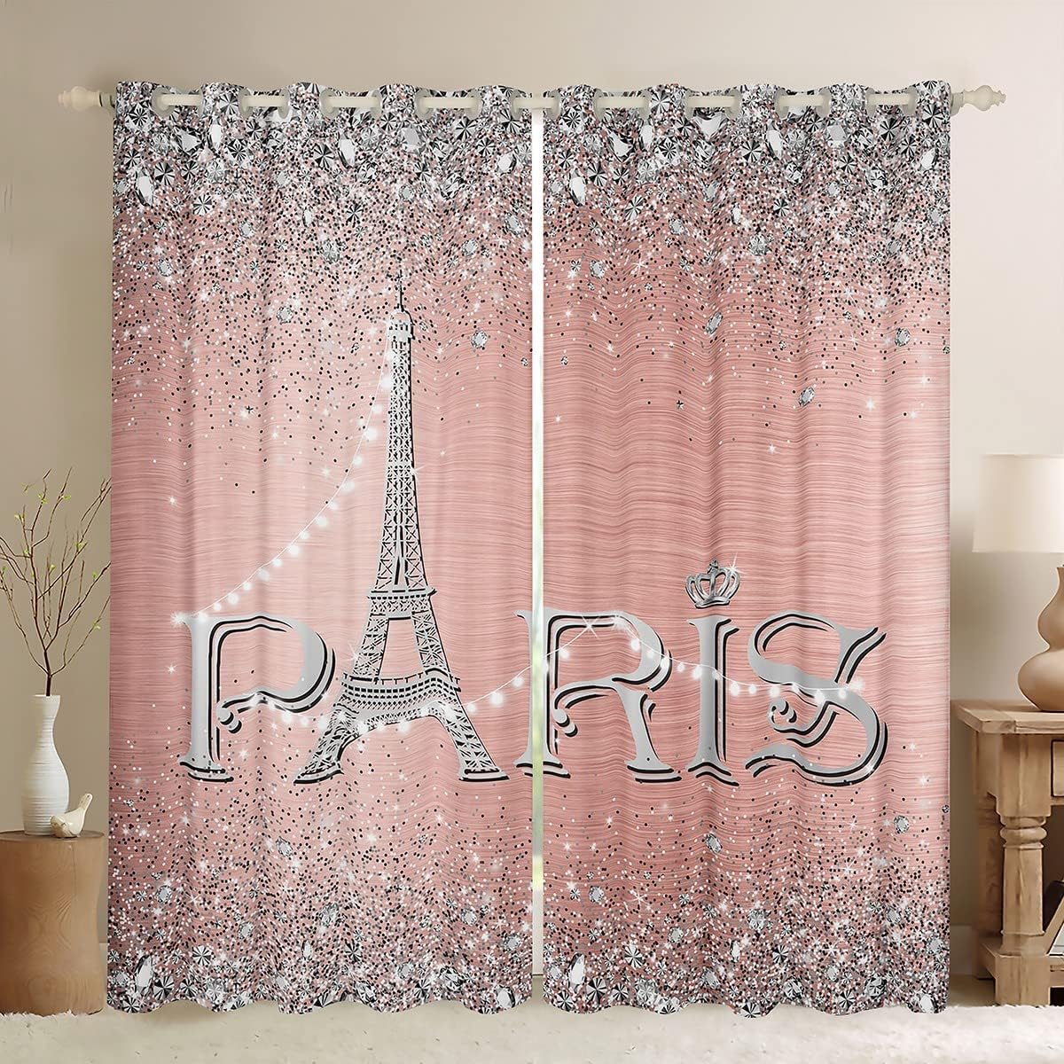 Cortinas femeninas de la Torre Eiffel de 42 x 84 pulgadas, cortinas opacas con purpurina para mujer, cortinas románticas de diamante degradado rosa