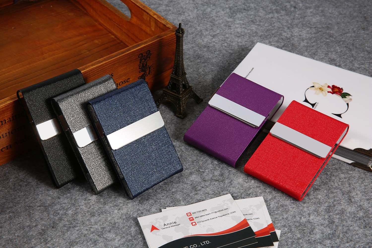 Tarjetero con diseño ultra delgado, funda para tarjetas de visita con piel sintética de alta calidad, bolsillo para trajes, tarjetero metálico para