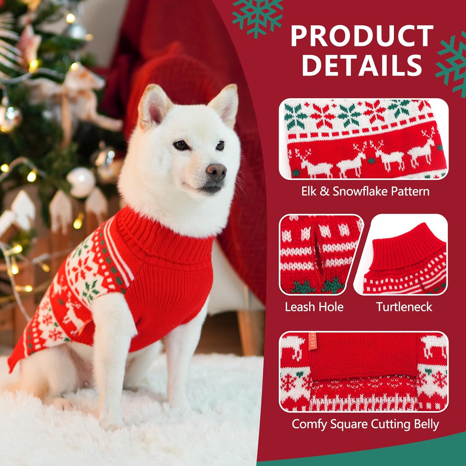 KYEESE – Suéteres de Navidad para perros, copos de nieve, renos, suéteres para perros con correa, suéteres navideños para perros