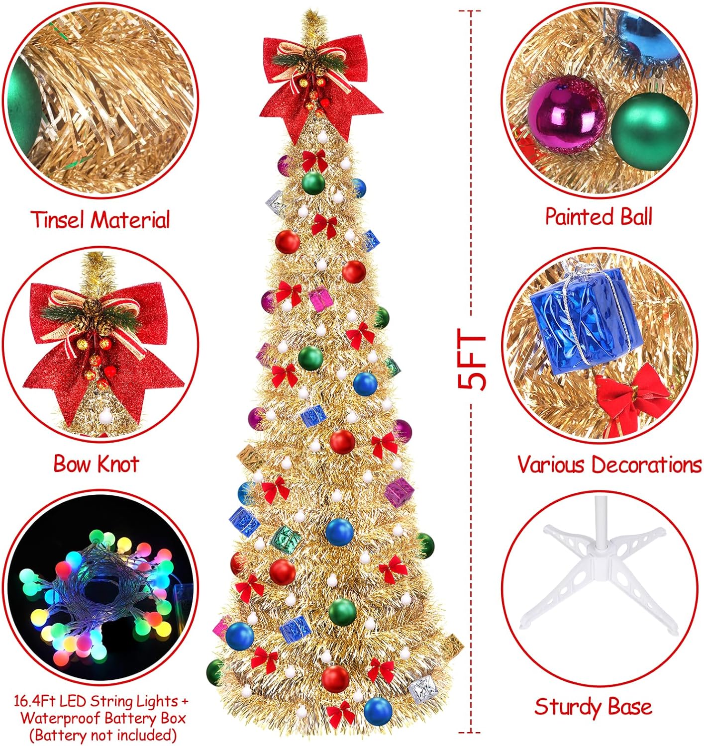 Árbol de Navidad desplegable, árbol de Navidad plegable de 5 pies con 30 luces LED multicolor, árbol de Navidad con bola de lazo, caja de regalo