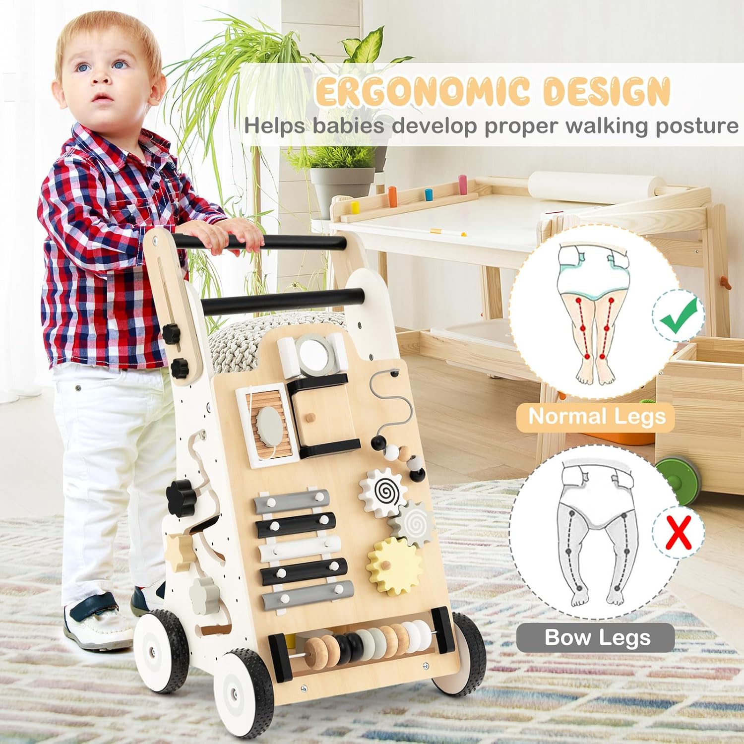 HONEY JOY Andador de empuje para bebés, centro de actividades de madera con asas ajustables, clasificador de formas, habilidades motoras y