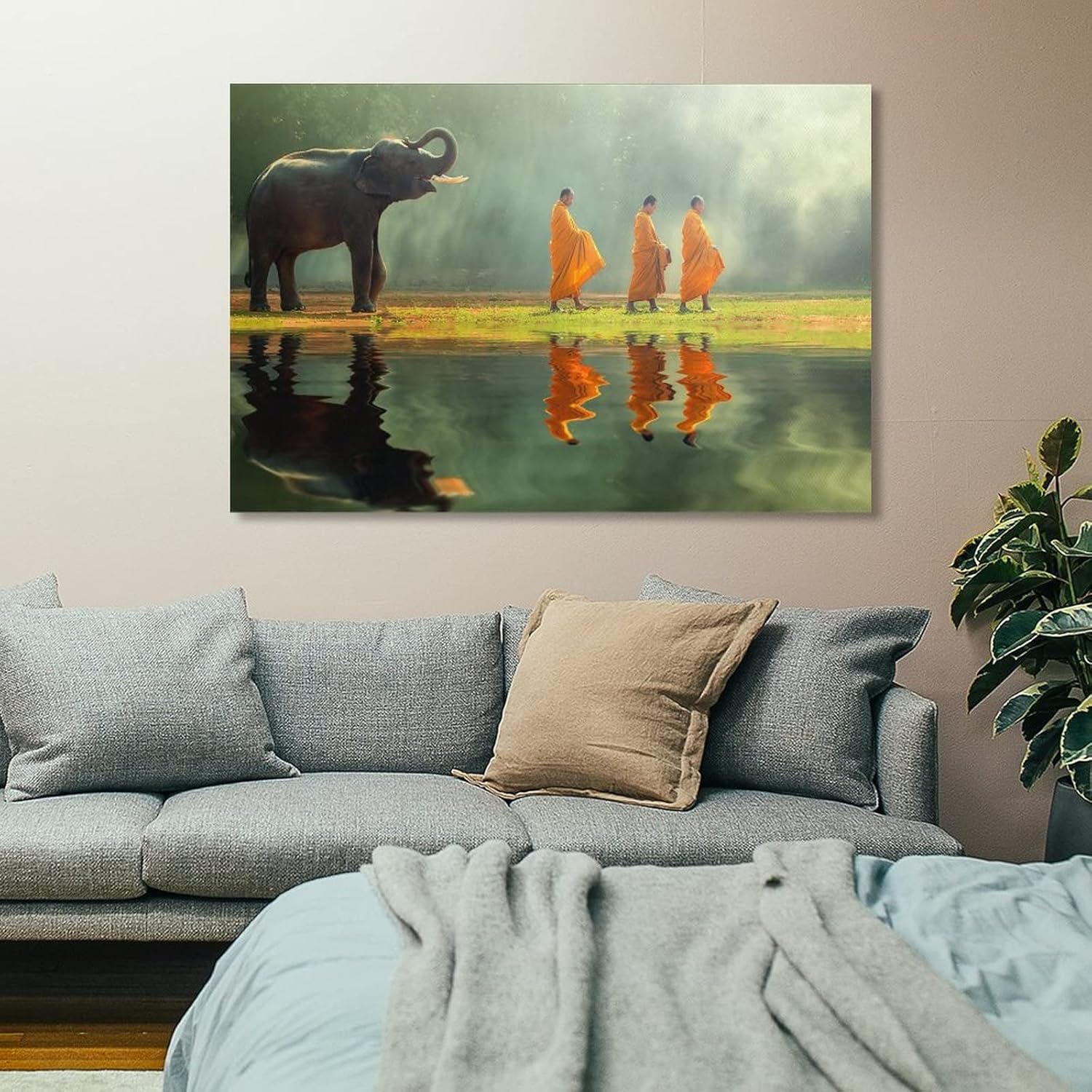 Póster estético de la habitación, monje y elefante, viven en paz, pinturas artísticas de pared, lienzo, decoración de pared, decoración del hogar,