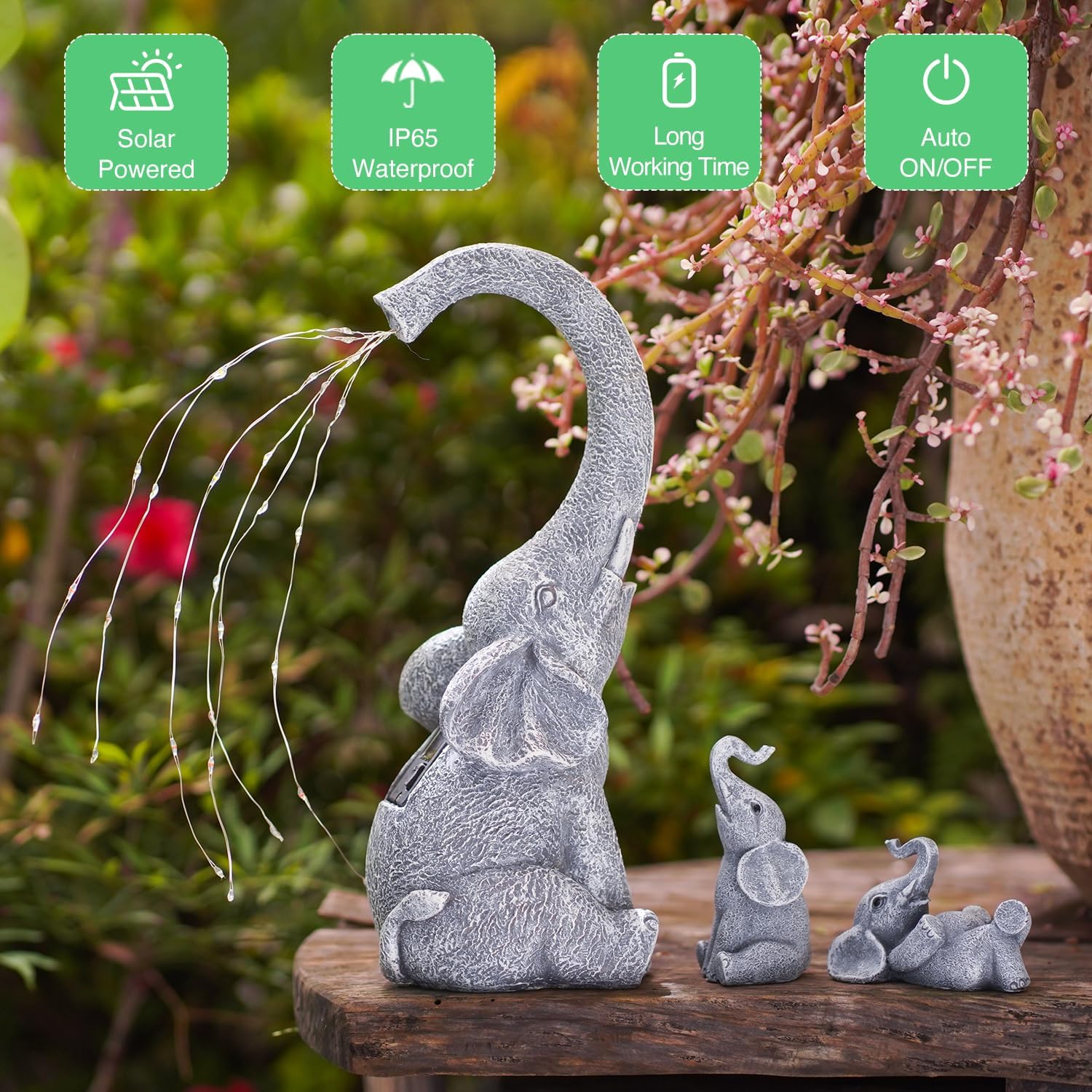 Goodeco Estatua de elefante de jardín para exteriores, regalos de elefante con luces de riego solares, figura de elefante sentado perfecta para