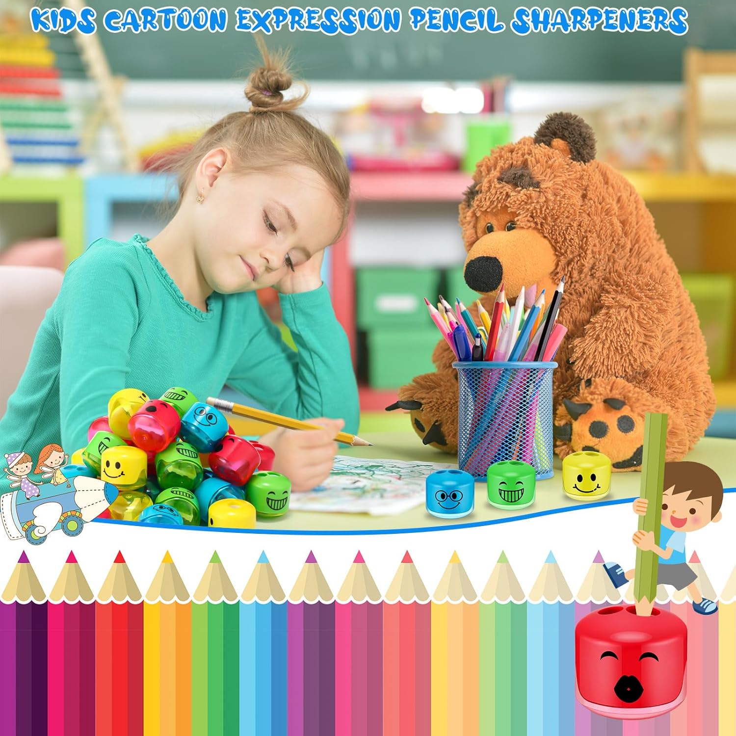 240 sacapuntas de mano para niños, sacapuntas manuales de doble agujero, sacapuntas de expresión de dibujos animados coloridos para escuela,