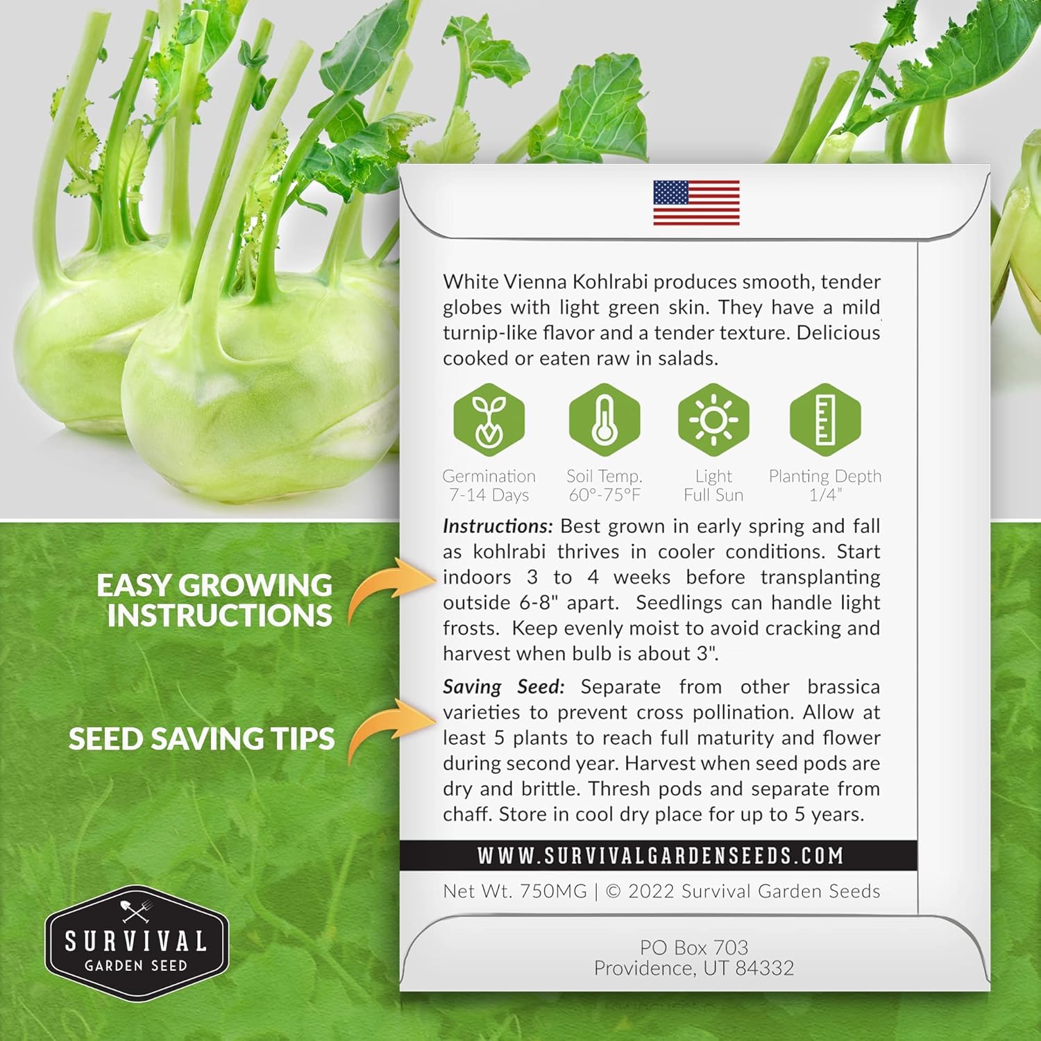 Survival Garden Seeds – Semilla de colinabo blanco de Viena para plantar – 3 paquetes con instrucciones para plantar y cultivar vegetales crucíferos