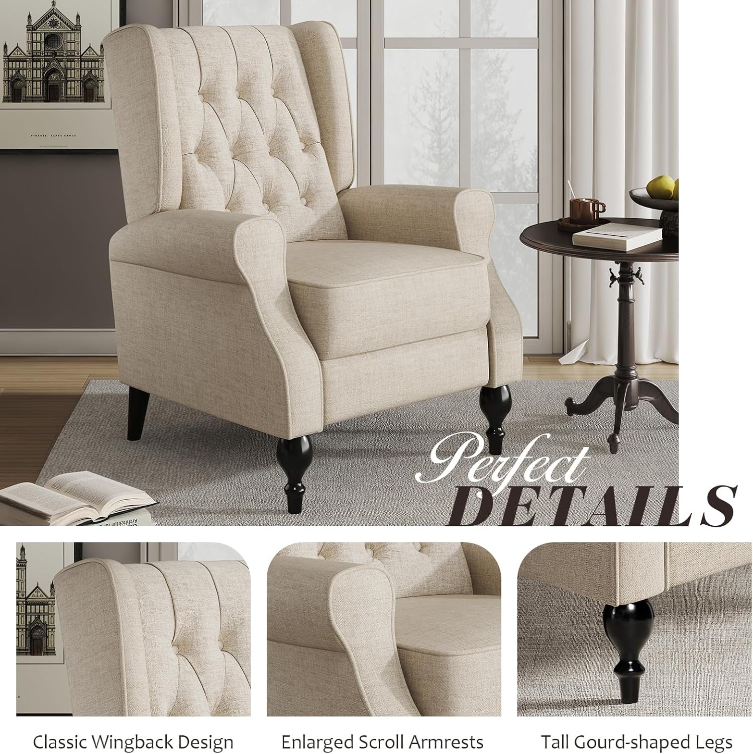 Jocisland Wingback – Silla reclinable con respaldo para adultos, silla decorativa para sala de estar, silla con brazo tapizado alto para dormitorio,