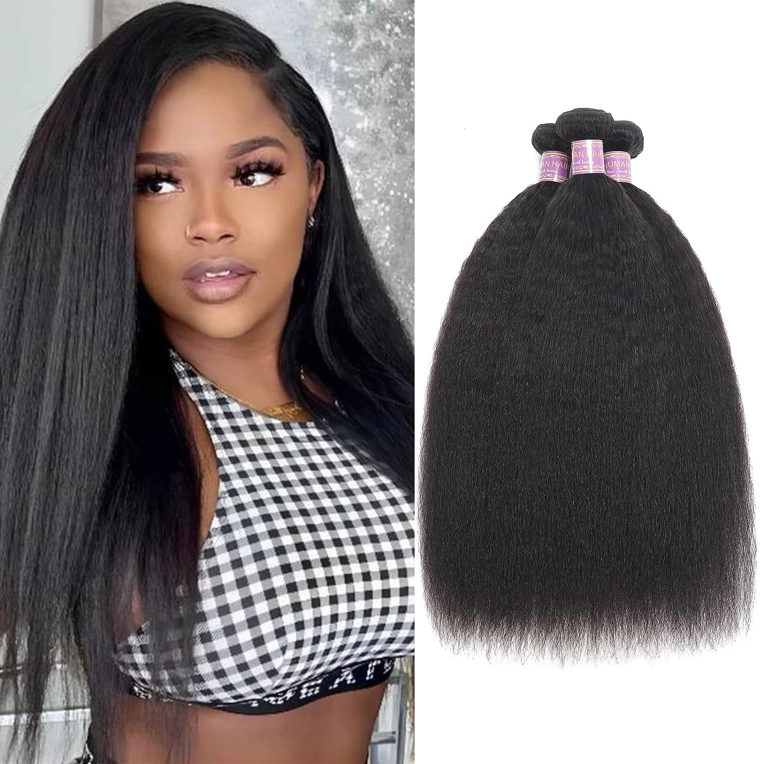 Extensiones de cabello humano lacio tipo afro, extensiones de cabello humano lacio Yaki, 100% cabello humano Remy brasileño sin procesar, negro