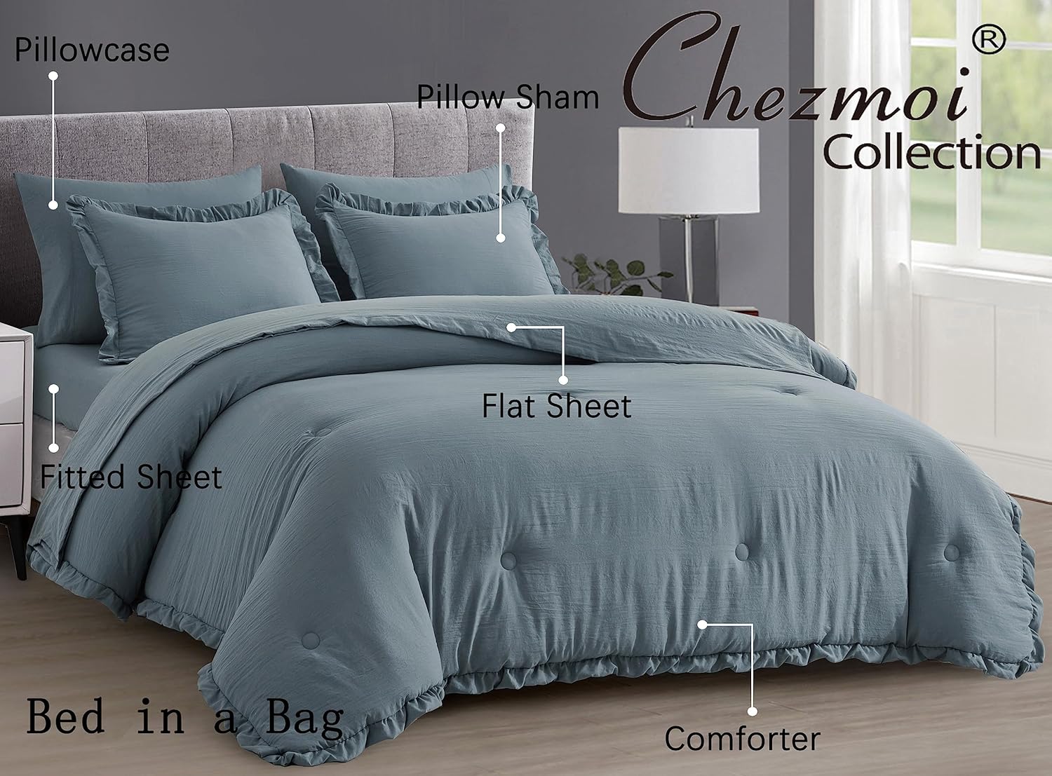 Chezmoi Collection Eleanora – Juego de cama Queen extragrande en una bolsa, 7 piezas con borde de volados, microfibra lavada a piedra con sábanas,