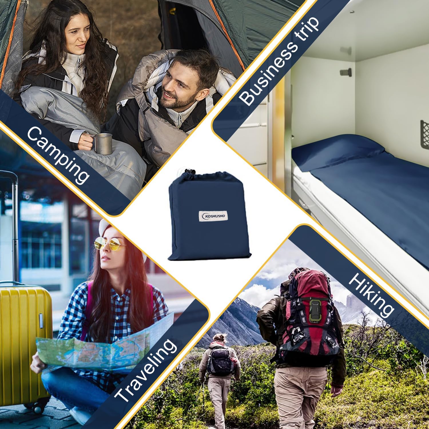KOMUSMO – Forro para saco de dormir con cremallera, saco de dormir ligero de viaje, portátil, compacto, para campamento, longitud completa y 4