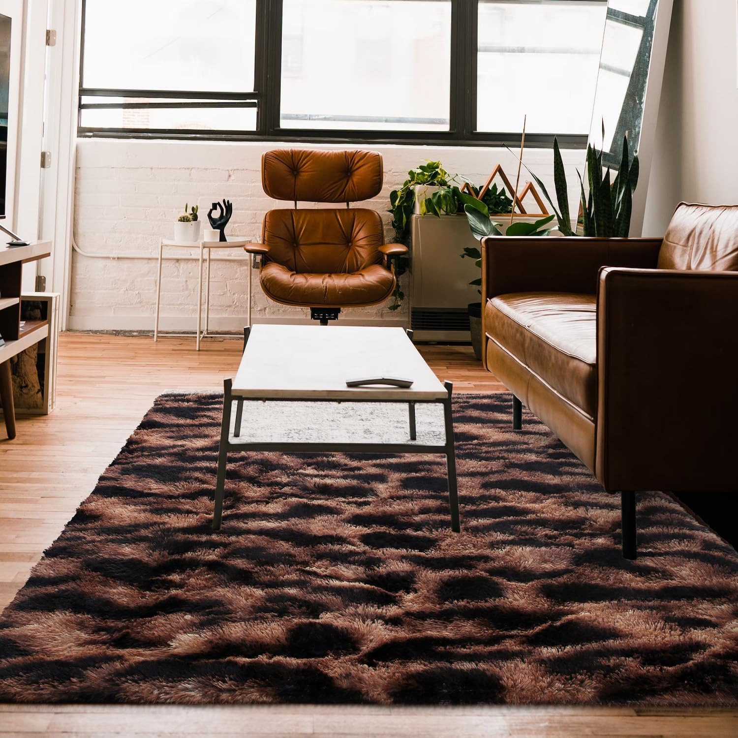 Alfombra de leopardo esponjosa de 3 x 5 pies para sala de estar, dormitorio, alfombra de área con teñido anudado marrón y negro de 3 x 5 pies,